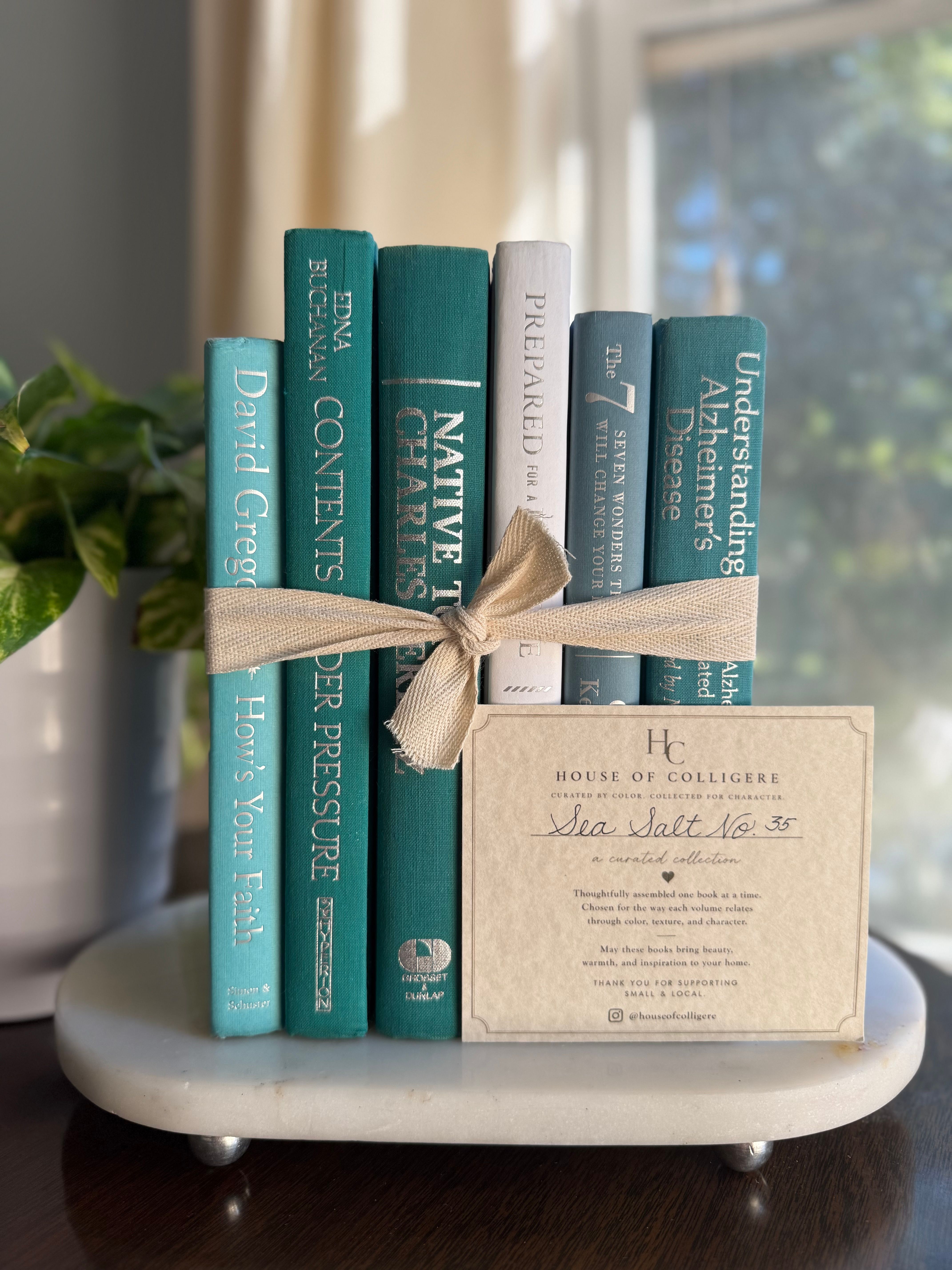 Curated collection of soft blue, aqua, seafoam, and muted coastal-toned books.
