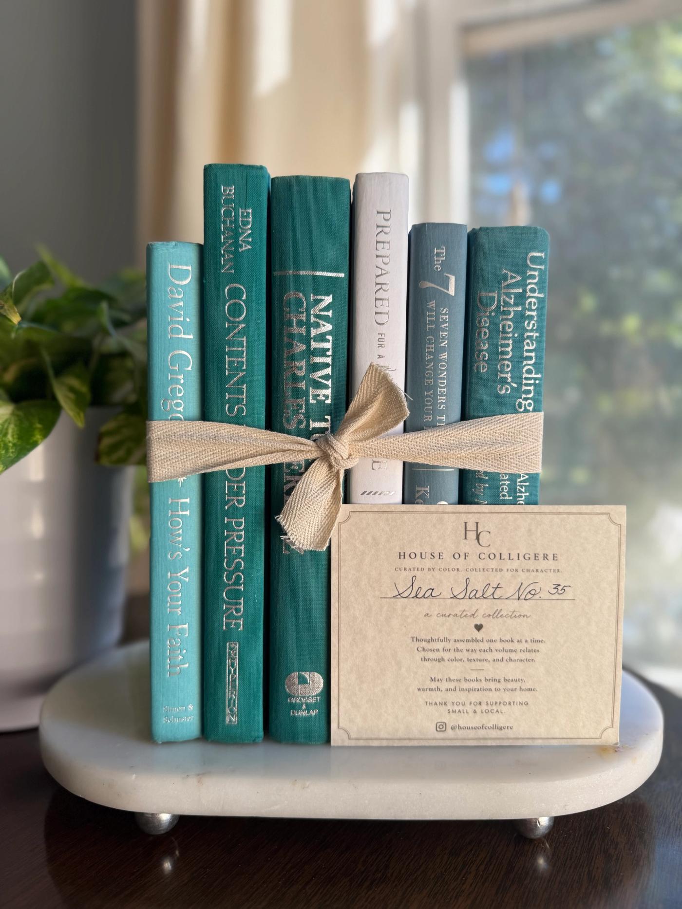 Curated collection of soft blue, aqua, seafoam, and muted coastal-toned books.