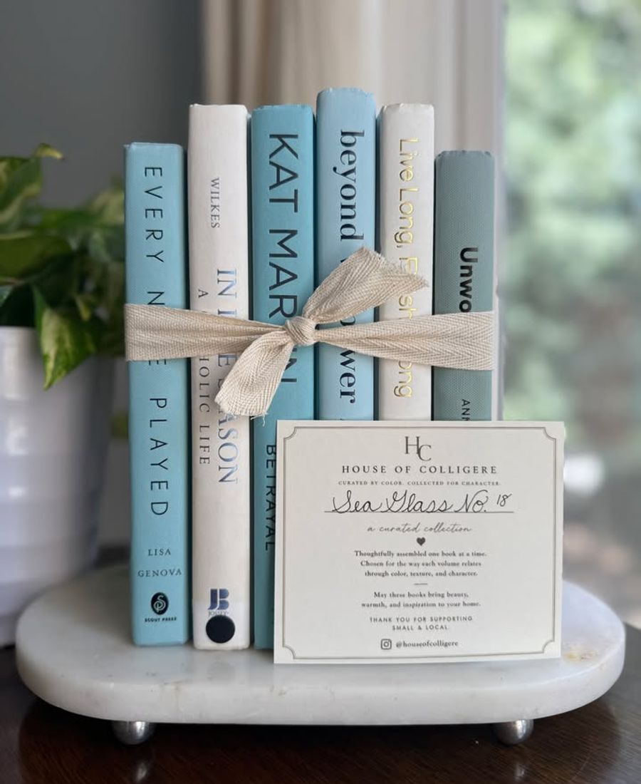 Curated collection of soft blue, aqua, seafoam, and muted coastal-toned books.