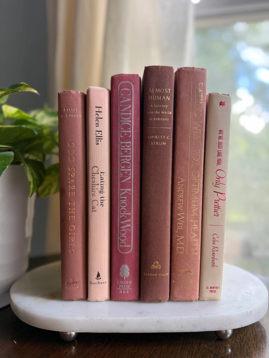 Curated collection of blush, dusty rose, warm taupe, and softly muted neutral books.