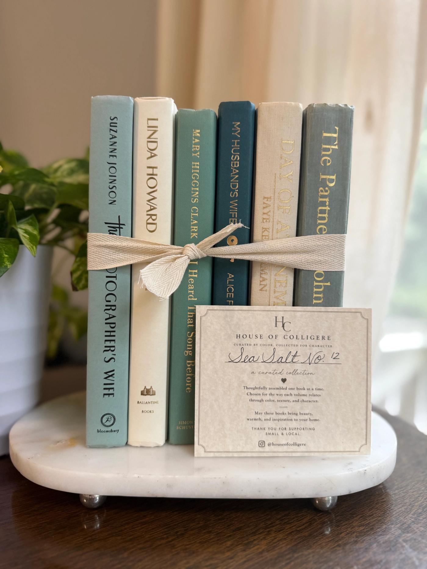 Curated collection of white, pale blue, sand, and soft coastal-neutral books with an airy, sun-faded look.