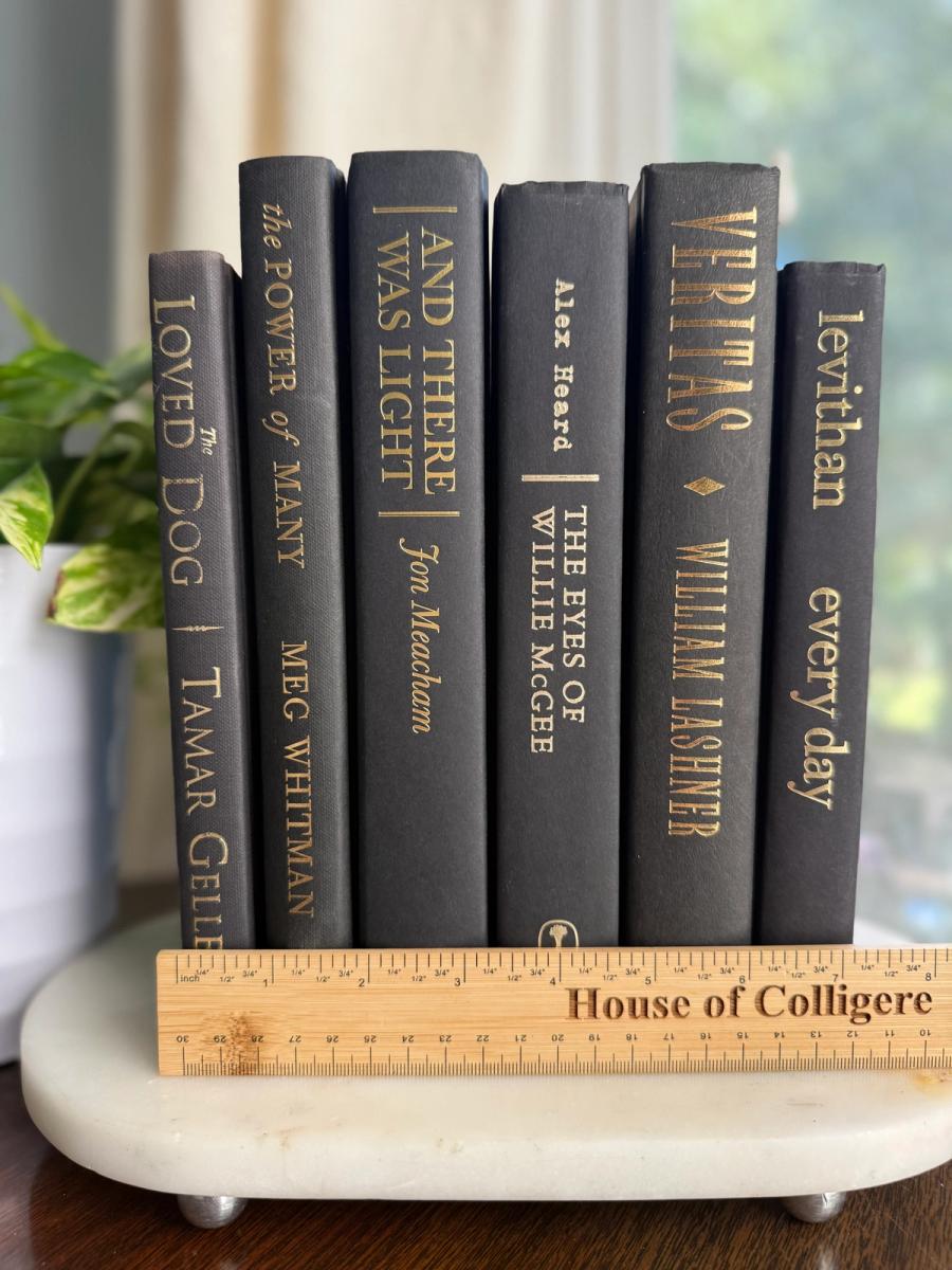 Curated collection of rich charcoal and black books with warm gold lettering and dramatic tonal depth.