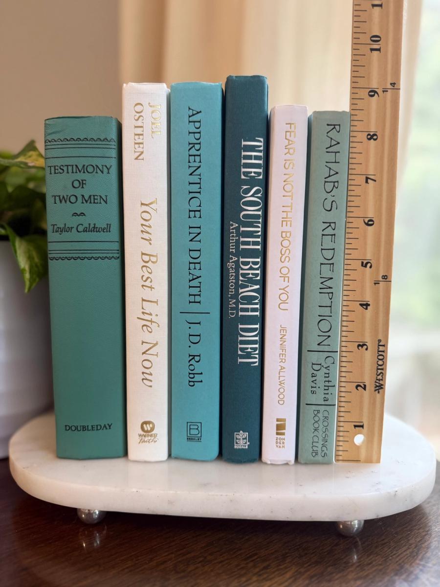 Curated collection of soft blue, aqua, seafoam, and muted coastal-toned books.