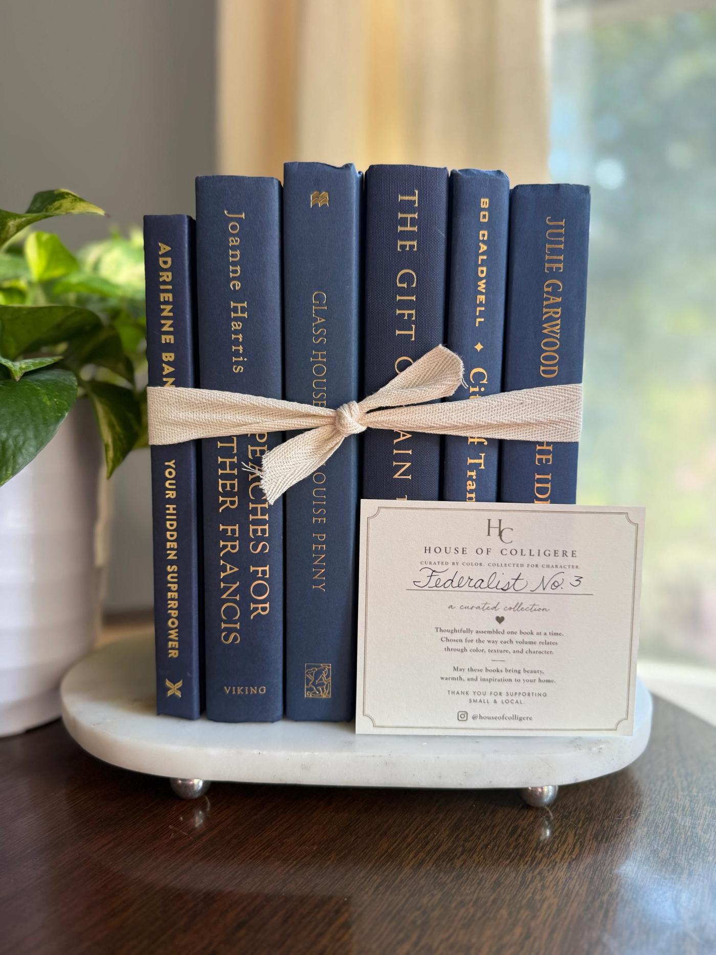 Curated collection of deep navy, warm ivory, brown, and gold-accented books with classic traditional character.