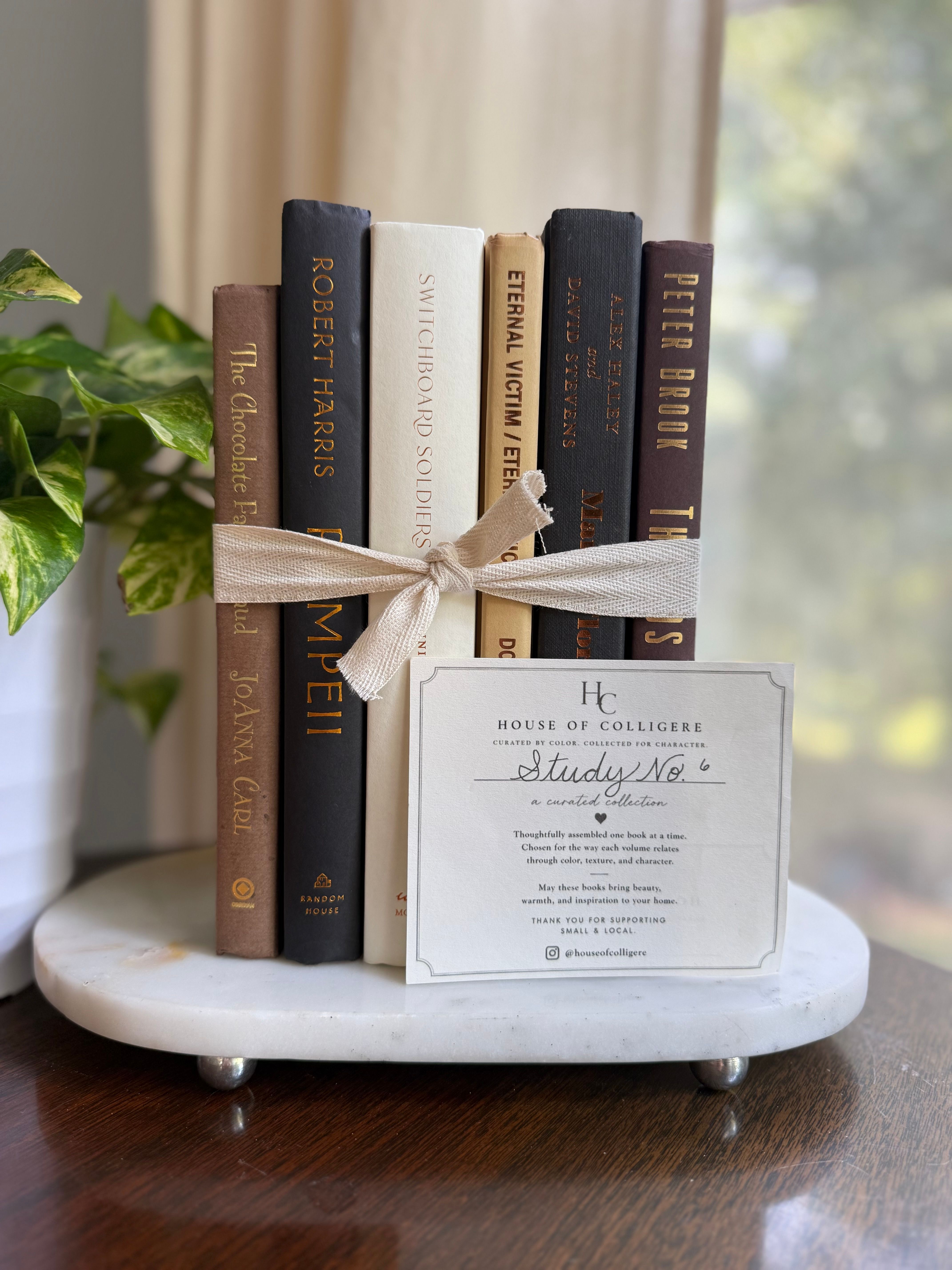 Curated collection of warm brown, olive, tan, and aged neutral books with a traditional library palette.