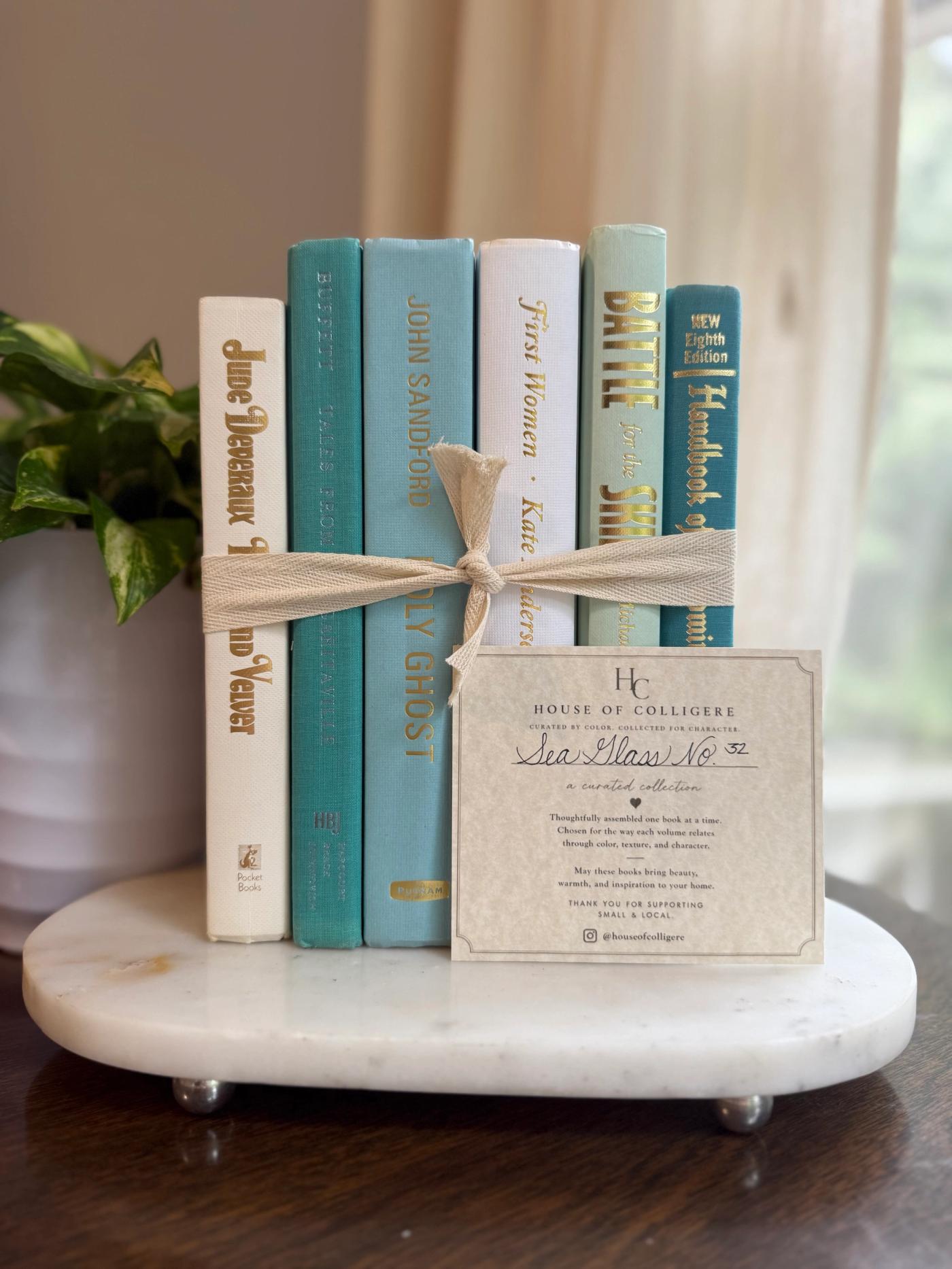 Curated collection of soft blue, aqua, seafoam, and muted coastal-toned books.