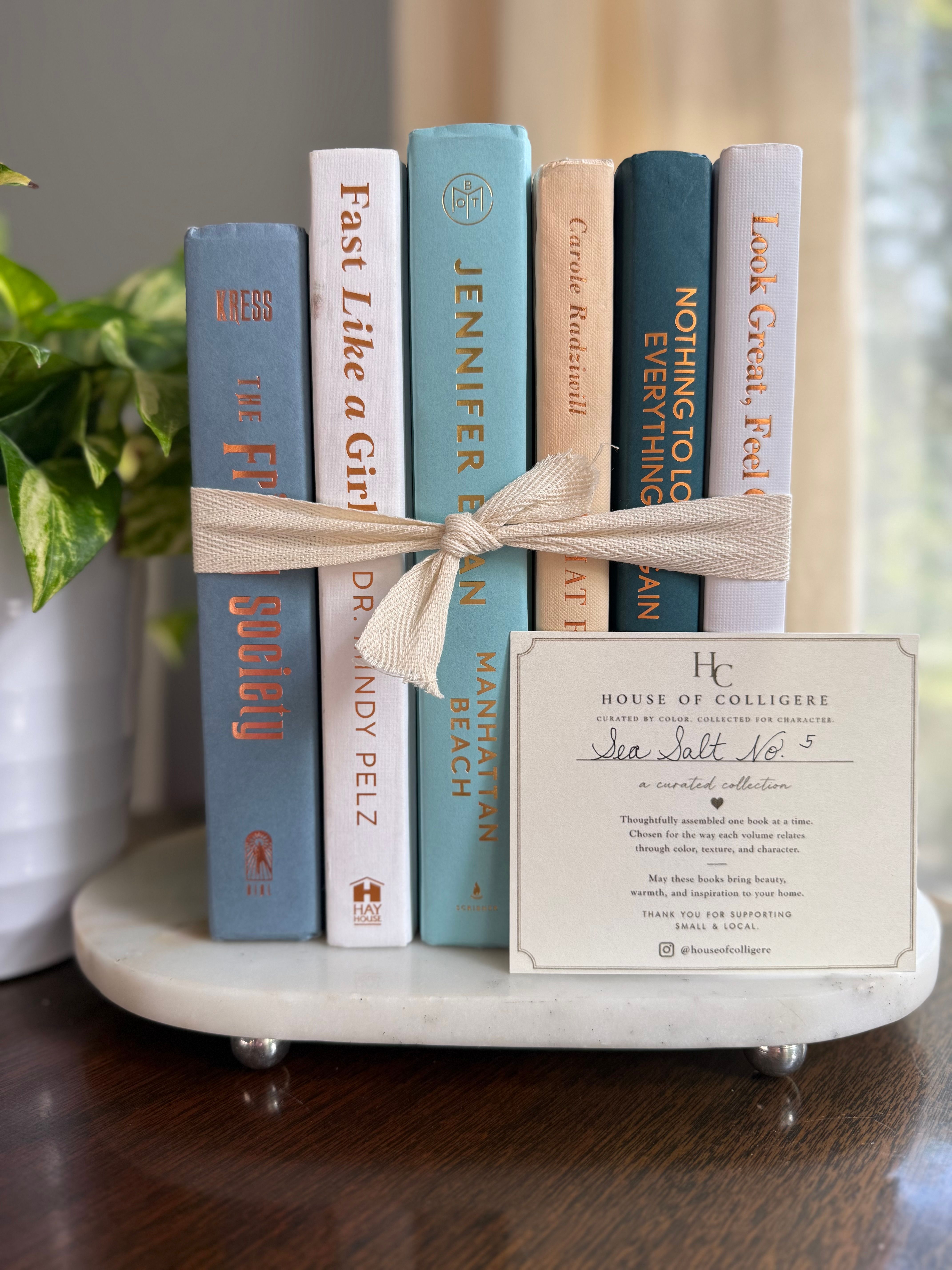 Curated collection of white, pale blue, sand, and soft coastal-neutral books with an airy, sun-faded look.