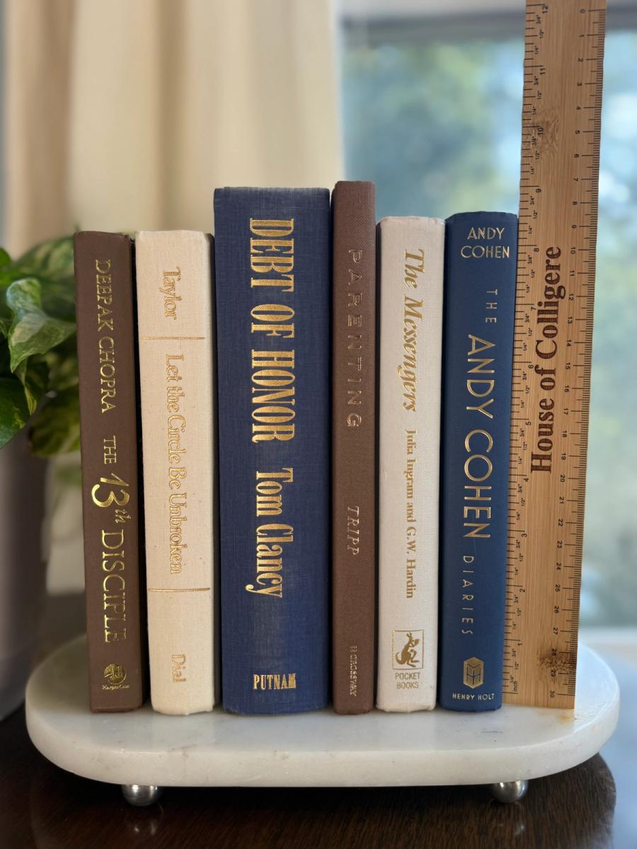 Curated collection of weathered blue, oyster, sand, linen, and driftwood-toned books with soft coastal character.