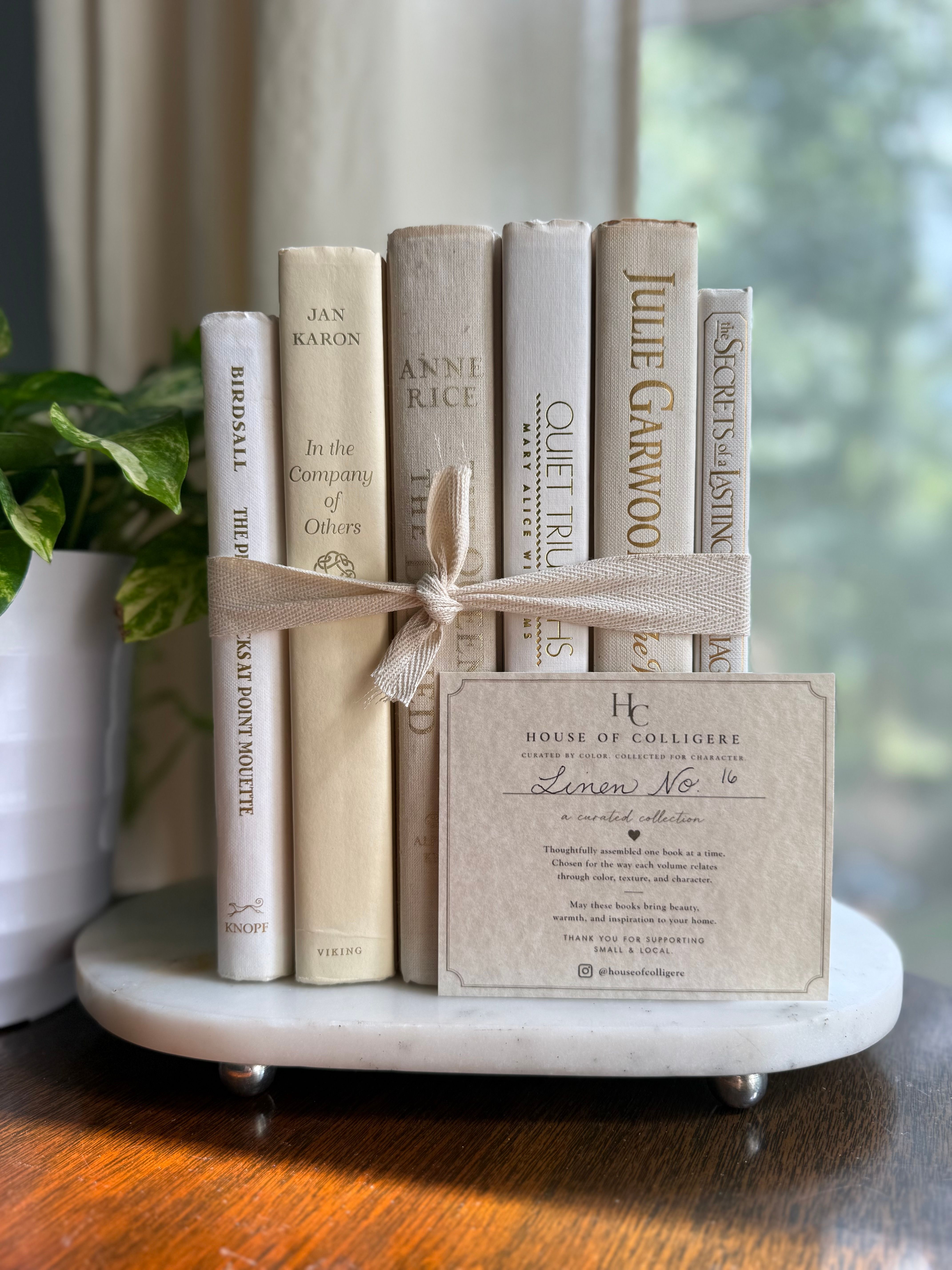 Curated collection of crisp white, ivory, and warm cream books with soft neutral tones.