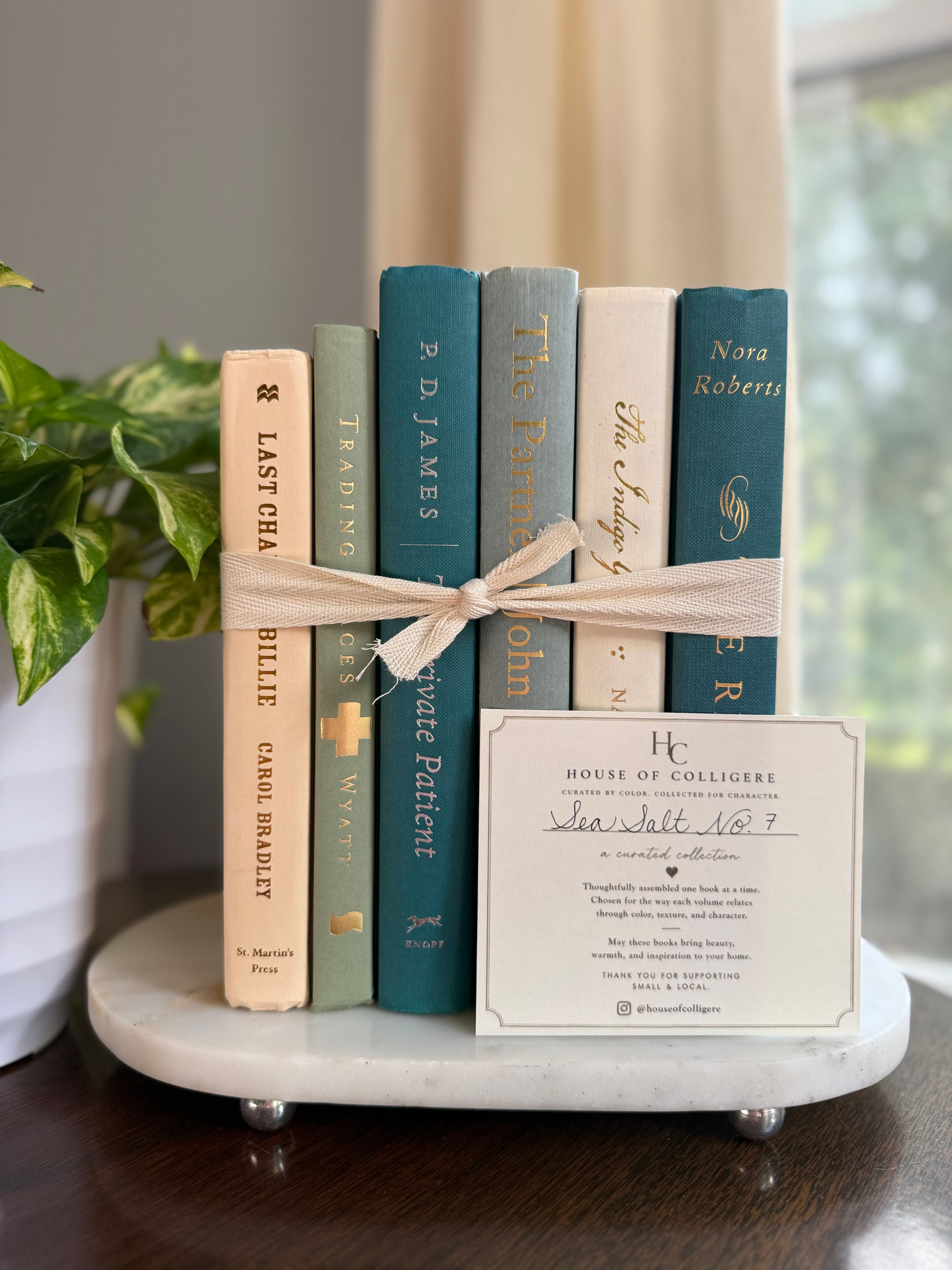 Curated collection of white, pale blue, sand, and soft coastal-neutral books with an airy, sun-faded look.