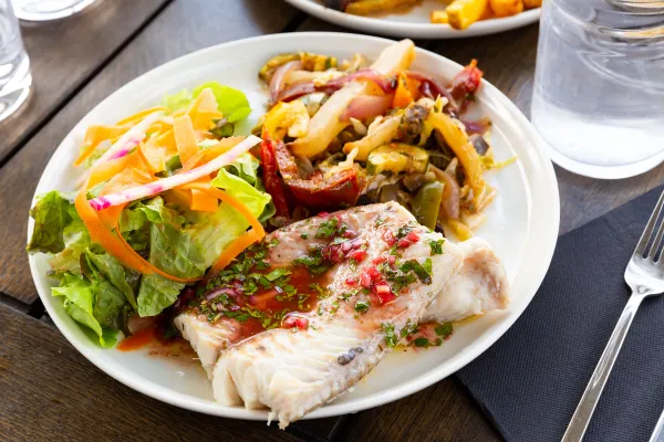 Lingcod with salad and roasted vegetables