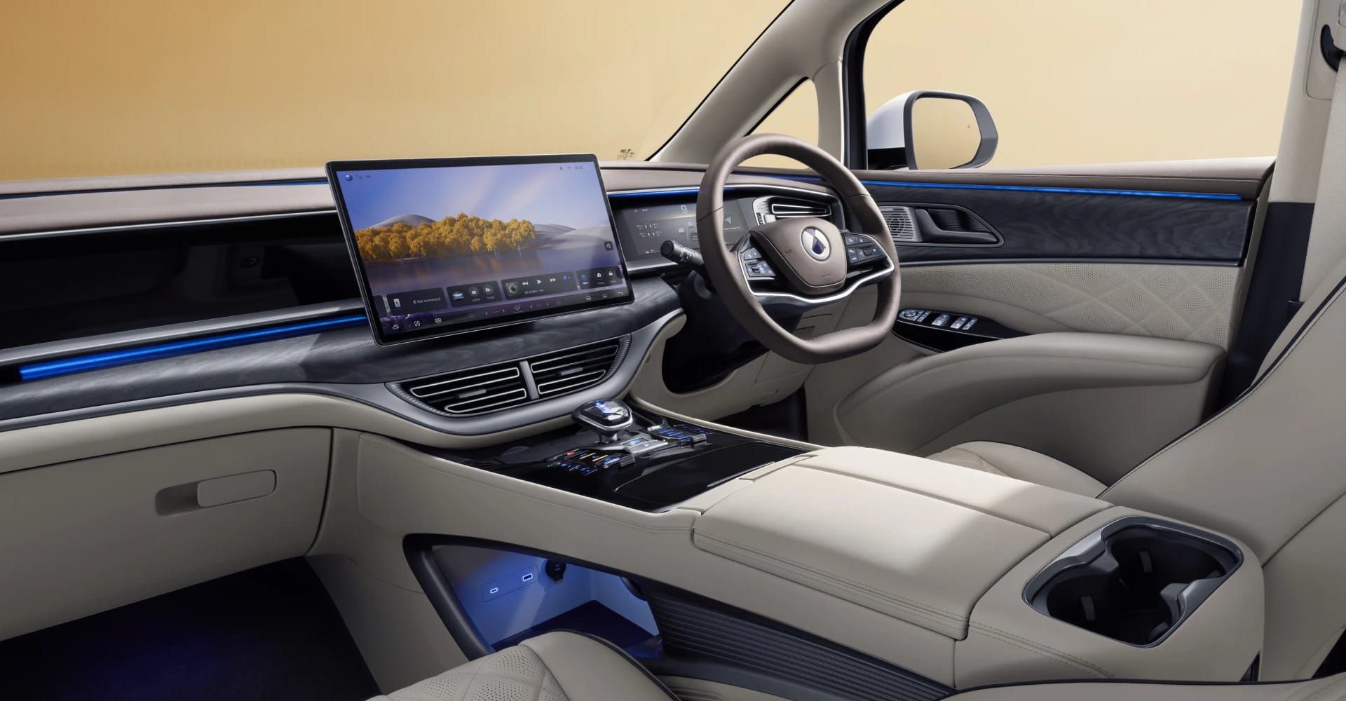 Layar sentuh mengambang dan sistem DiLink di dashboard DENZA D9
