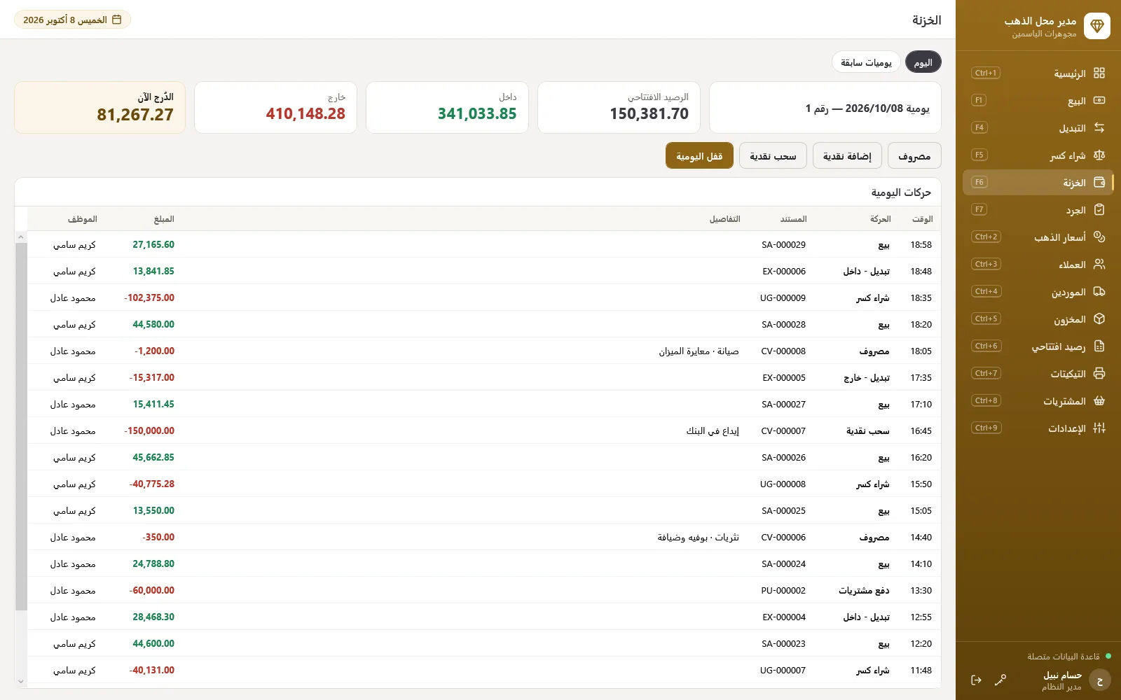 Cash drawer: today’s movements recorded automatically, expenses, and closing by counting notes with the difference