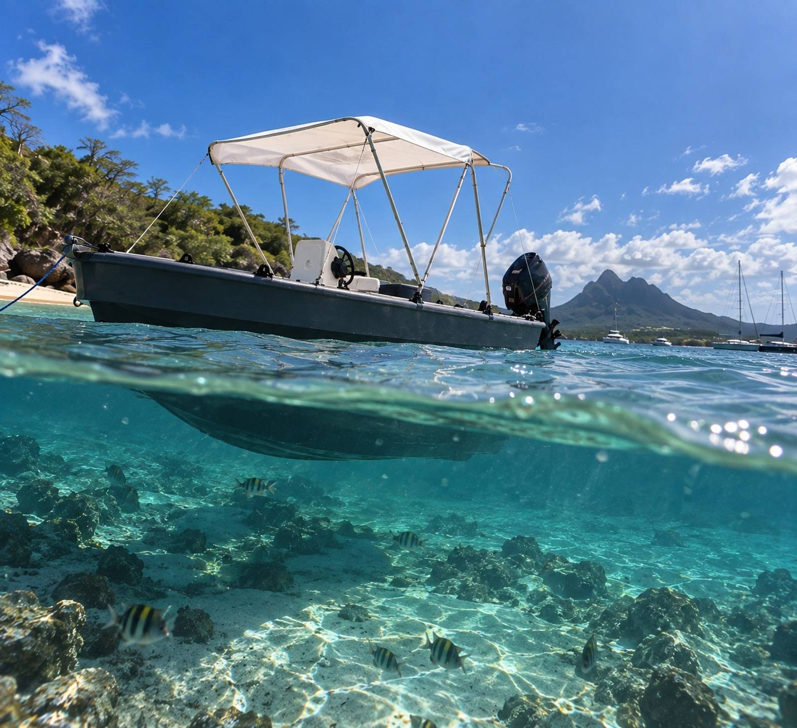 Bateau sans permis Ride & Sea au mouillage, vue mi-air mi-eau sur les fonds marins et les poissons
