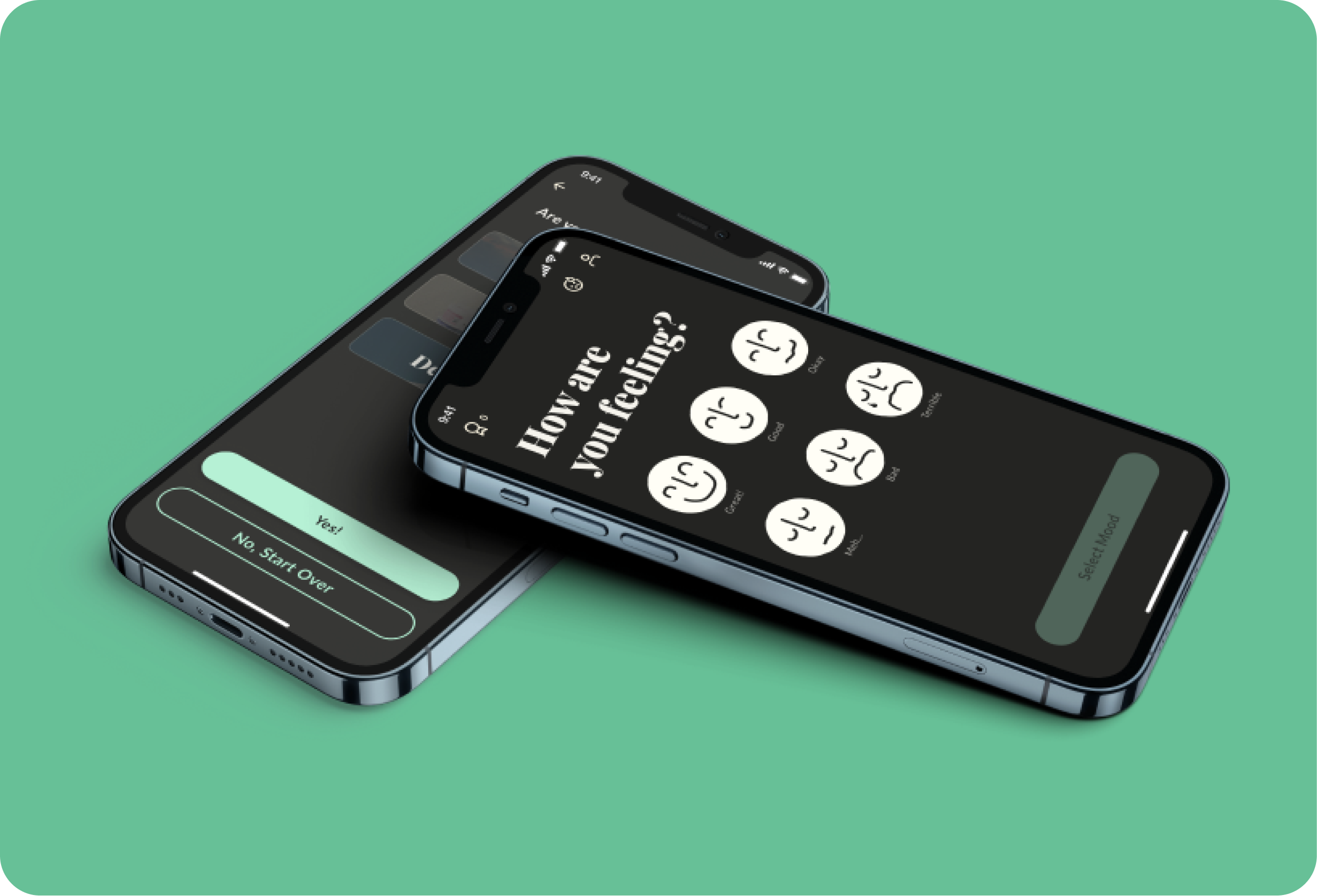 Two stacked mobile phones displaying screens from Qlarity mobile mindfulness app for youth substance abuse recovery.