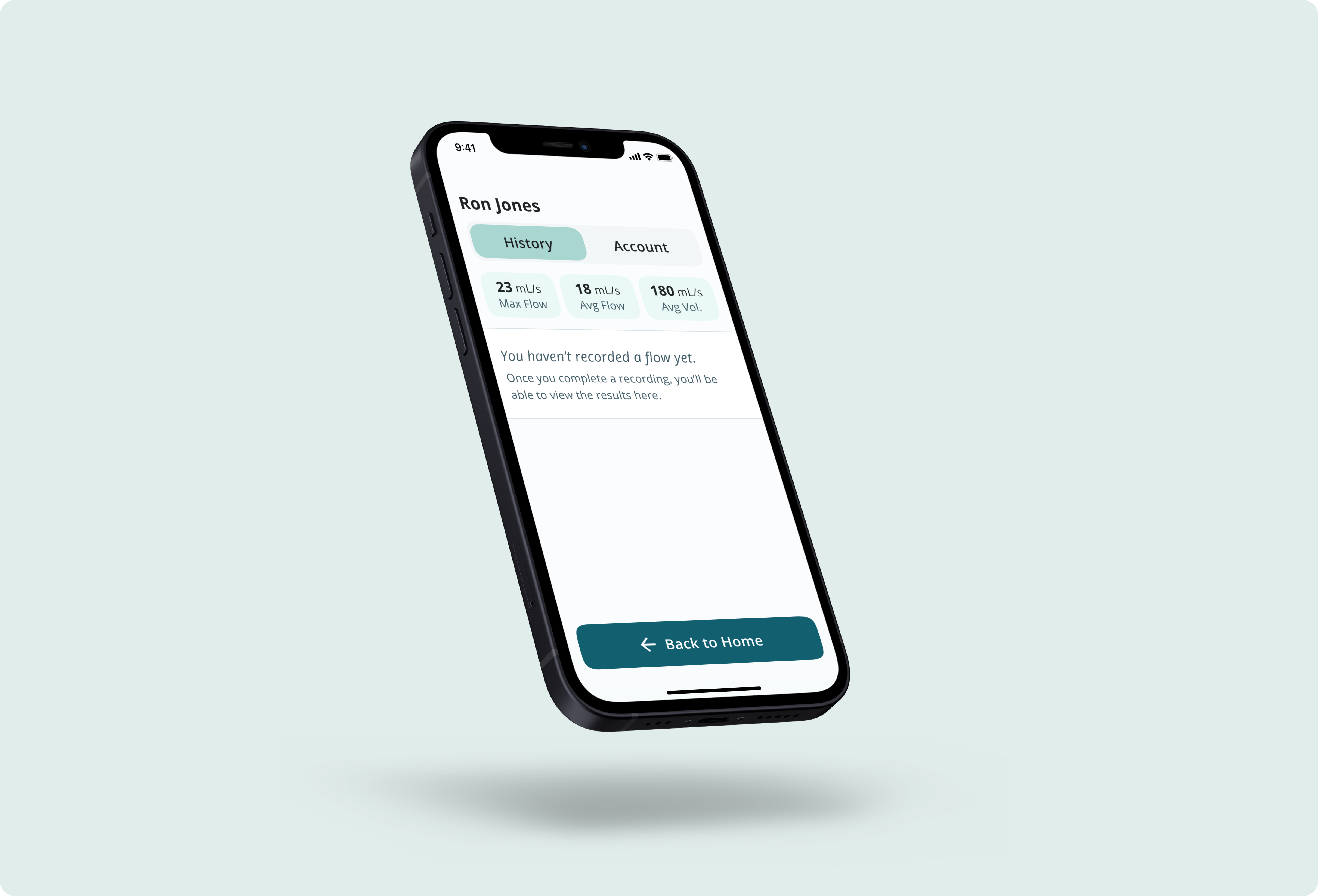 Patient history screen of Emano Flow uroflowmetry app displayed on smartphone.