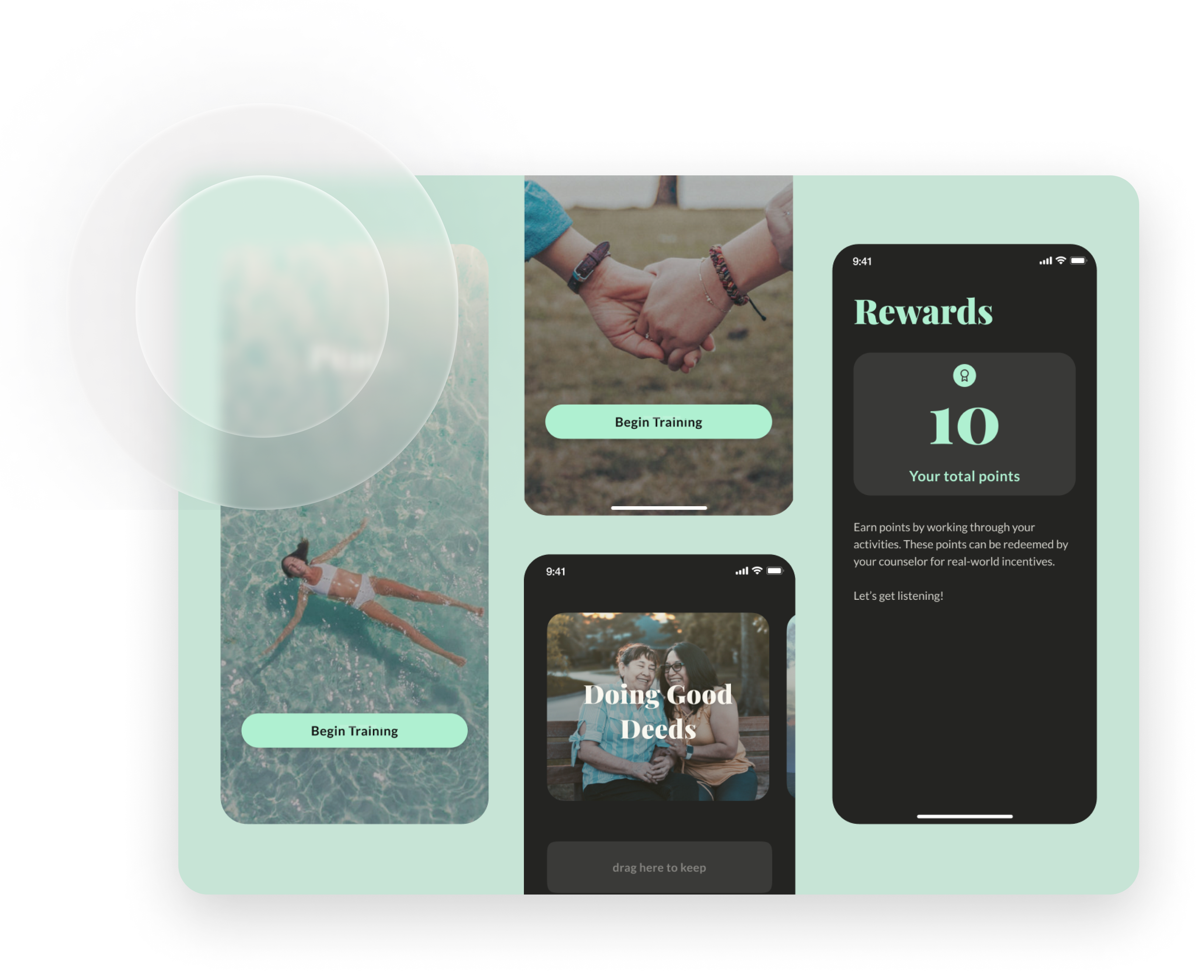 Four screens from Qlarity mindfulness app for teens, including Doing Good Deeds, Rewards, and Begin Training.