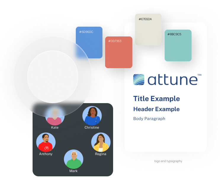 Collage of graphics and style elements from the attune mobile app.