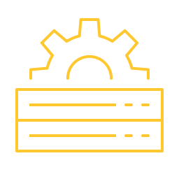 Yellow line drawing of gear behind two database rows.