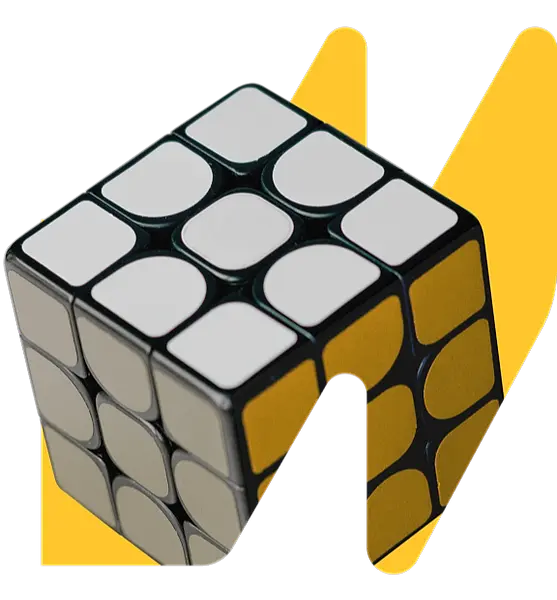 Gray and yellow rubik's cube nested in wavy graphic.