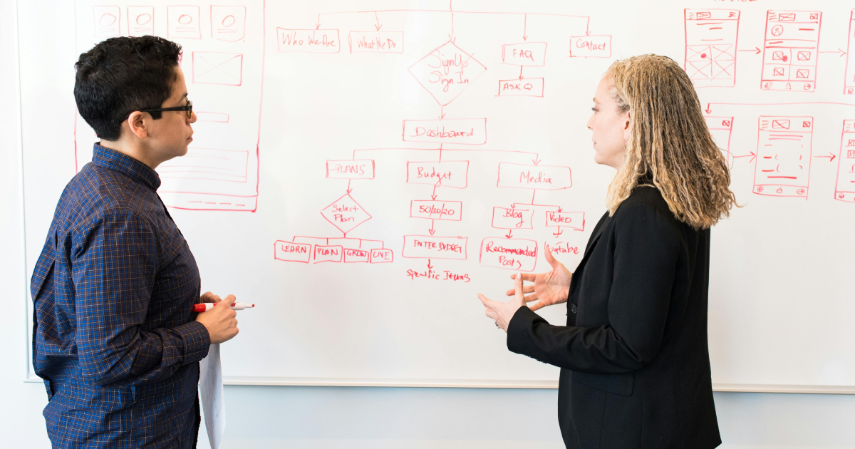 Two designers looking a white board covered in diagram of potential user flows for UX design.