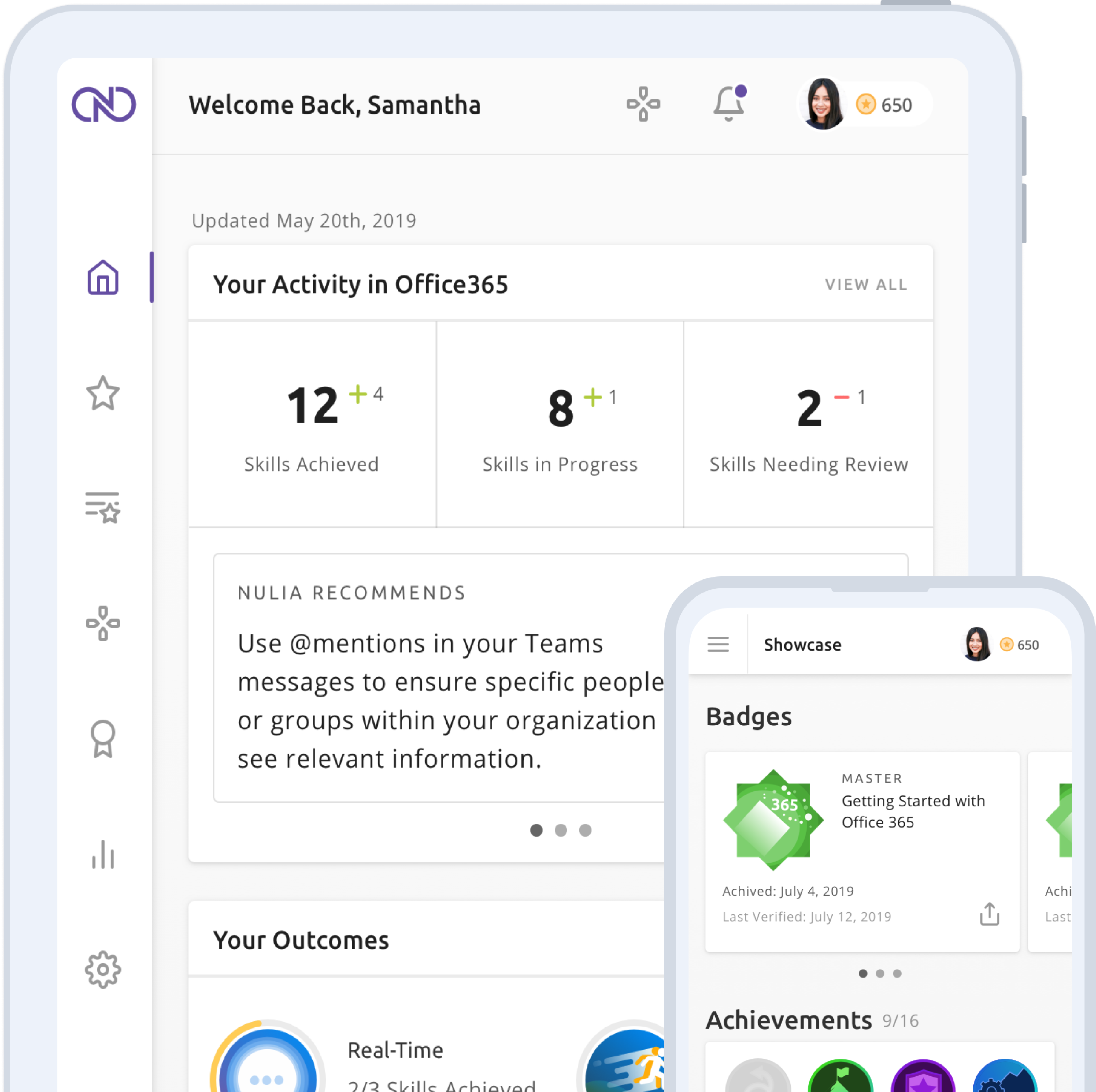 Tablet and mobile phone showing screens from Nulia productivity enablement platform for Microsoft 365.