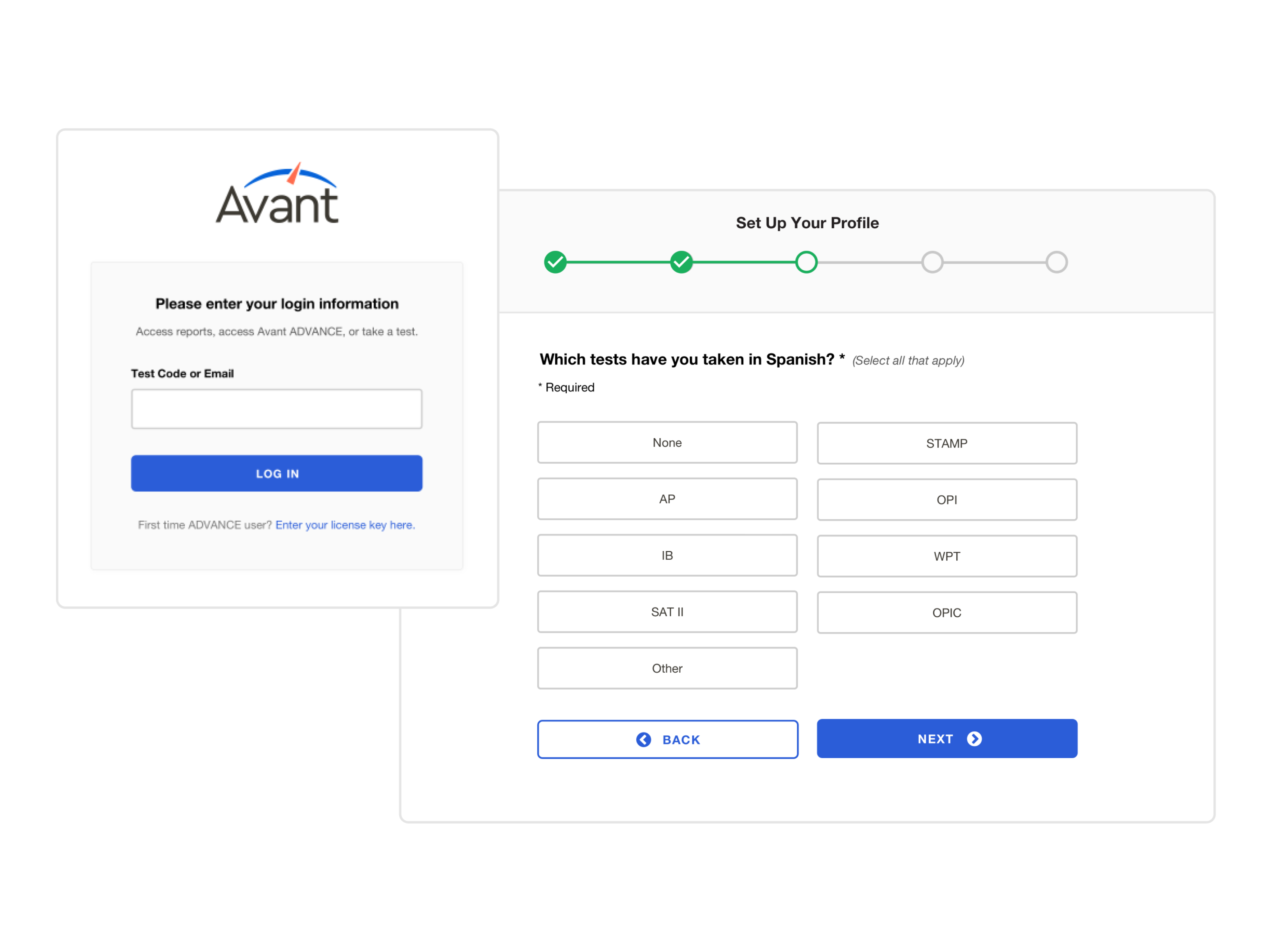 Login screens from Avant Assessment digital language testing platform.