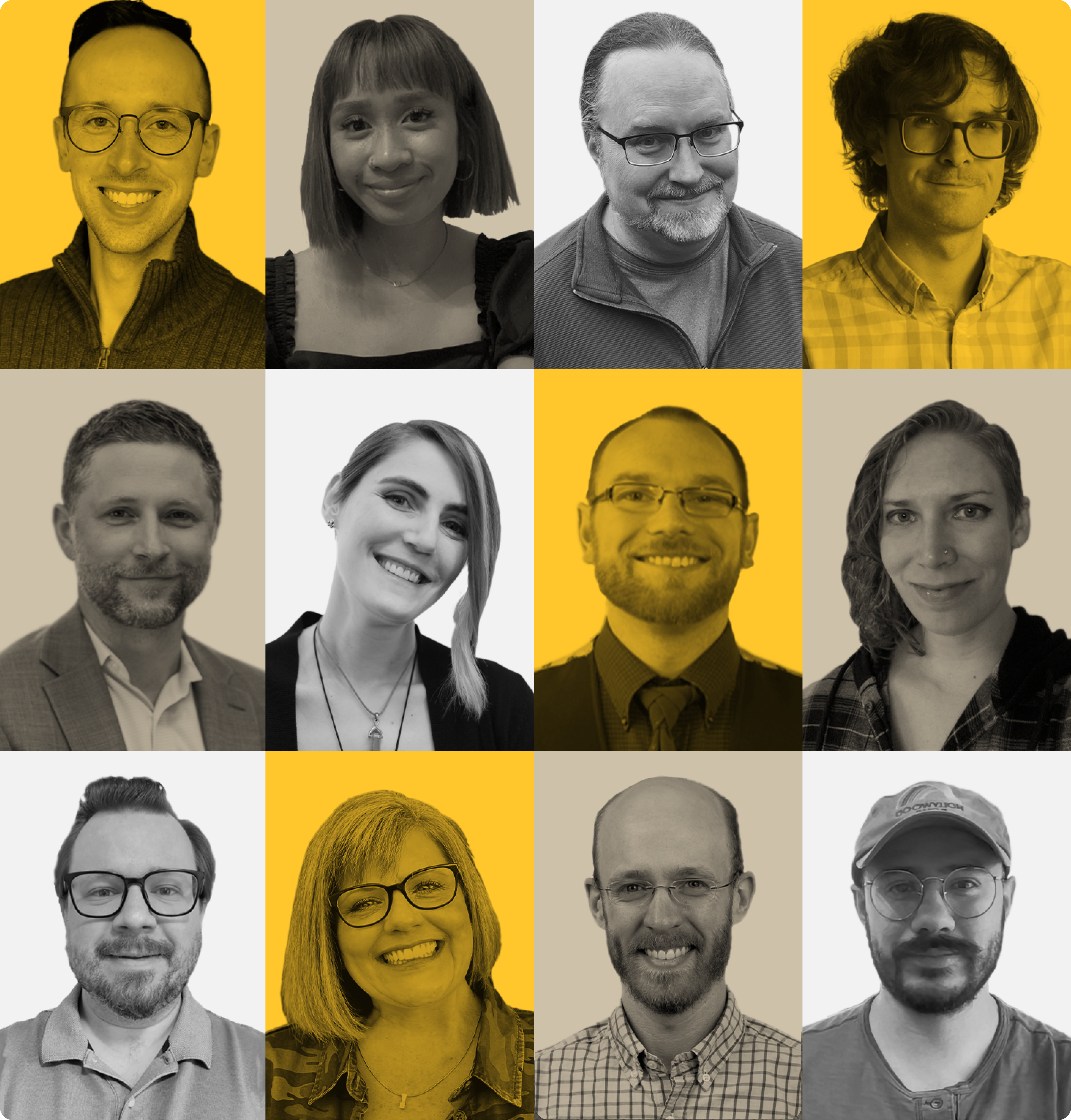 Photo collage of Twenty Ideas employees with gray, tan, and yellow filters applied in patchwork design.