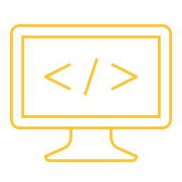Yellow line drawing of desktop monitor with code brackets.
