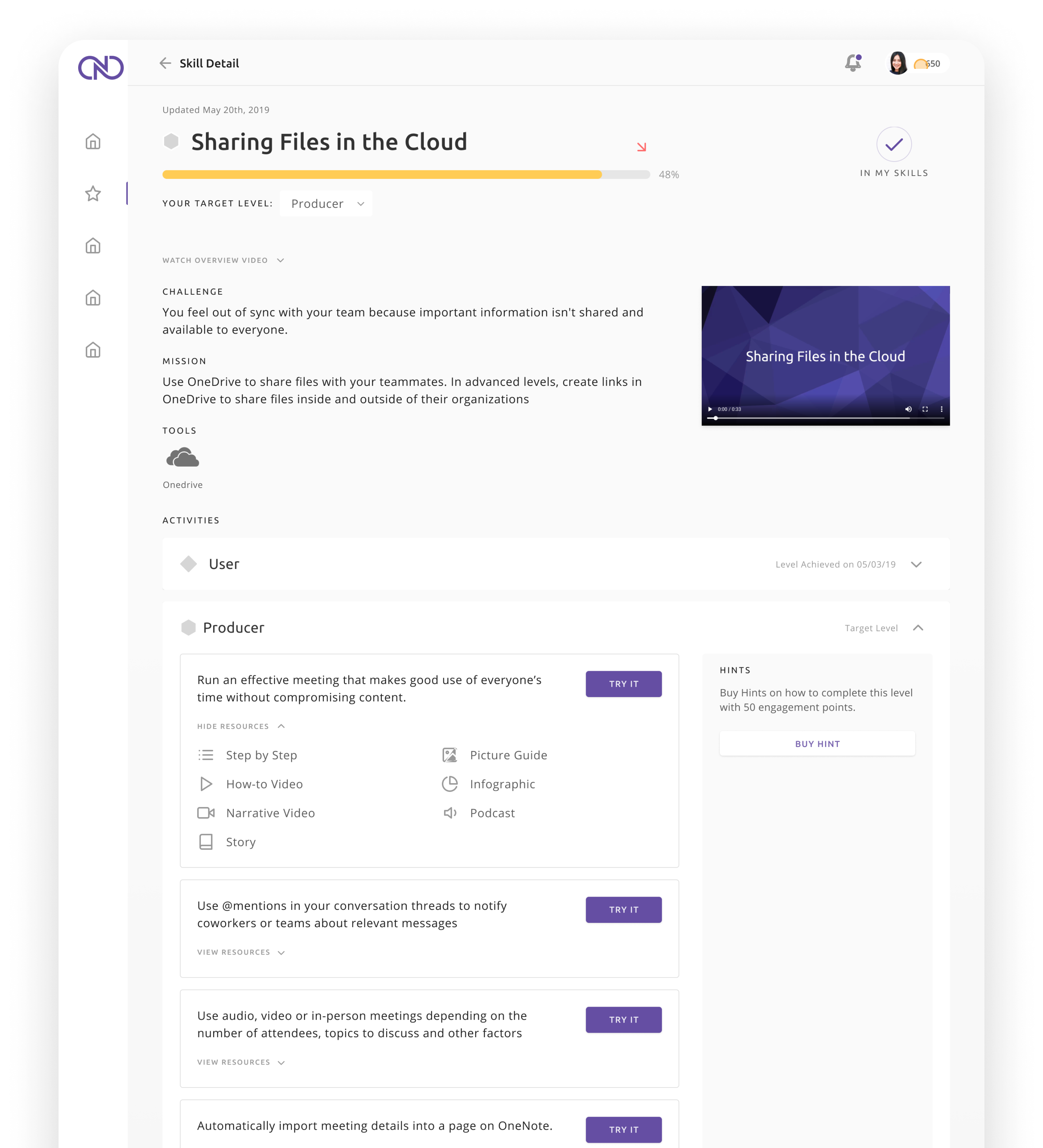 Skill exercises screen from Nulia Works Microsoft 365 productivity platform.