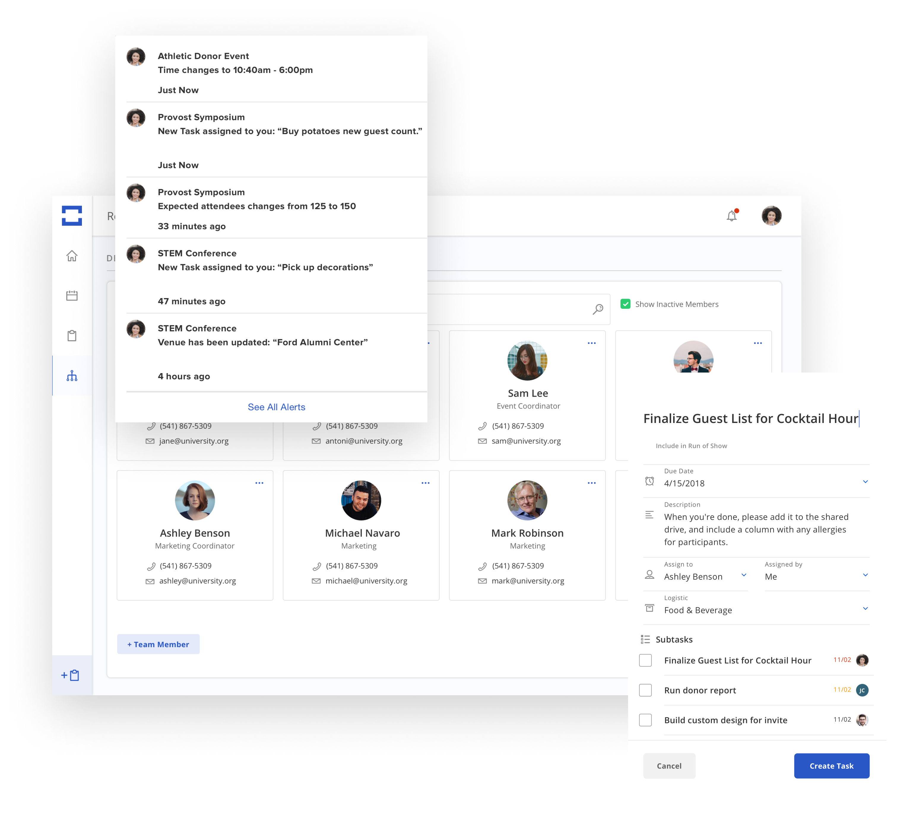 Reminder and vendor management screens from Intrevent event planning platform.