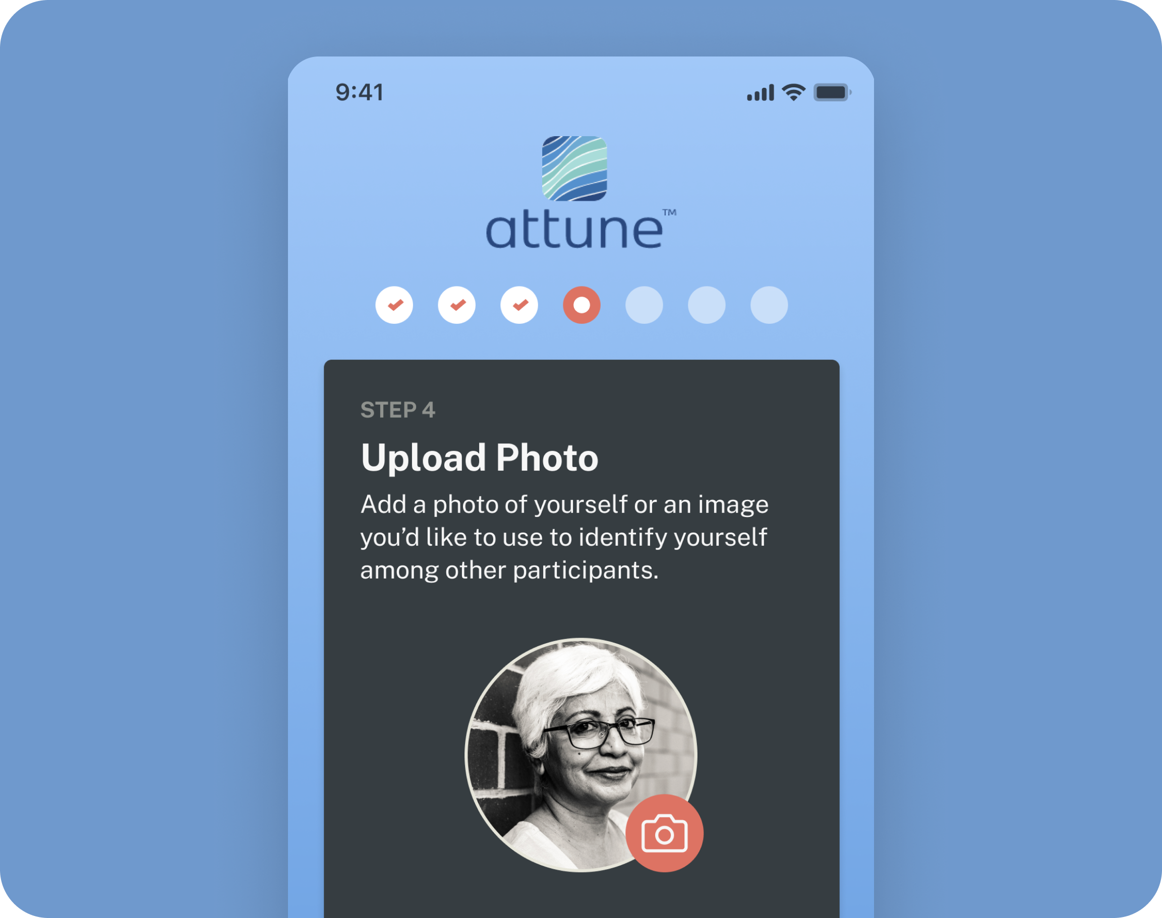 Onboarding screen from attune mobile app directing user to upload photo.
