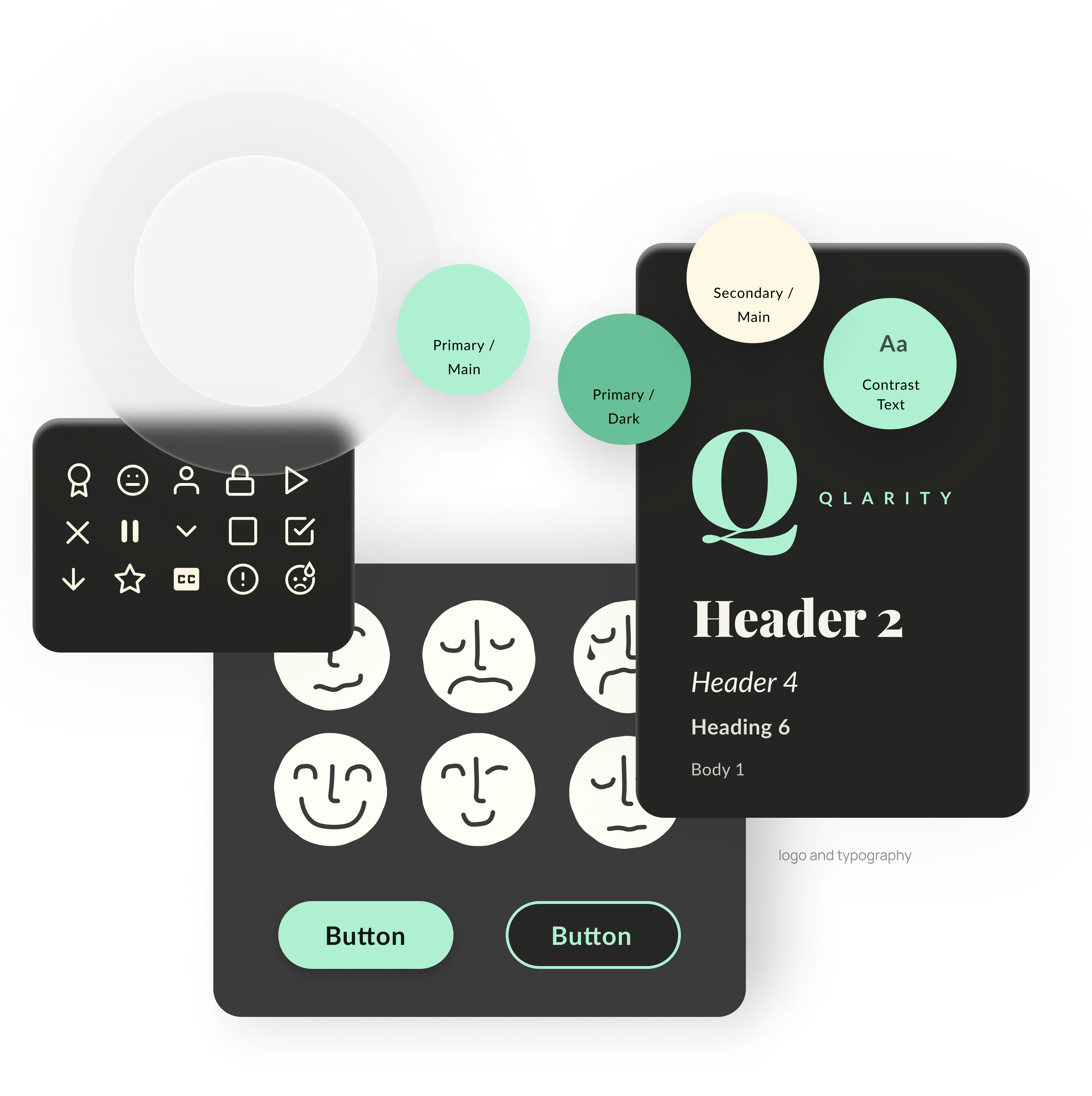 Collage of style elements, icons, and reactions from Qlarity mobile mindfulness app.