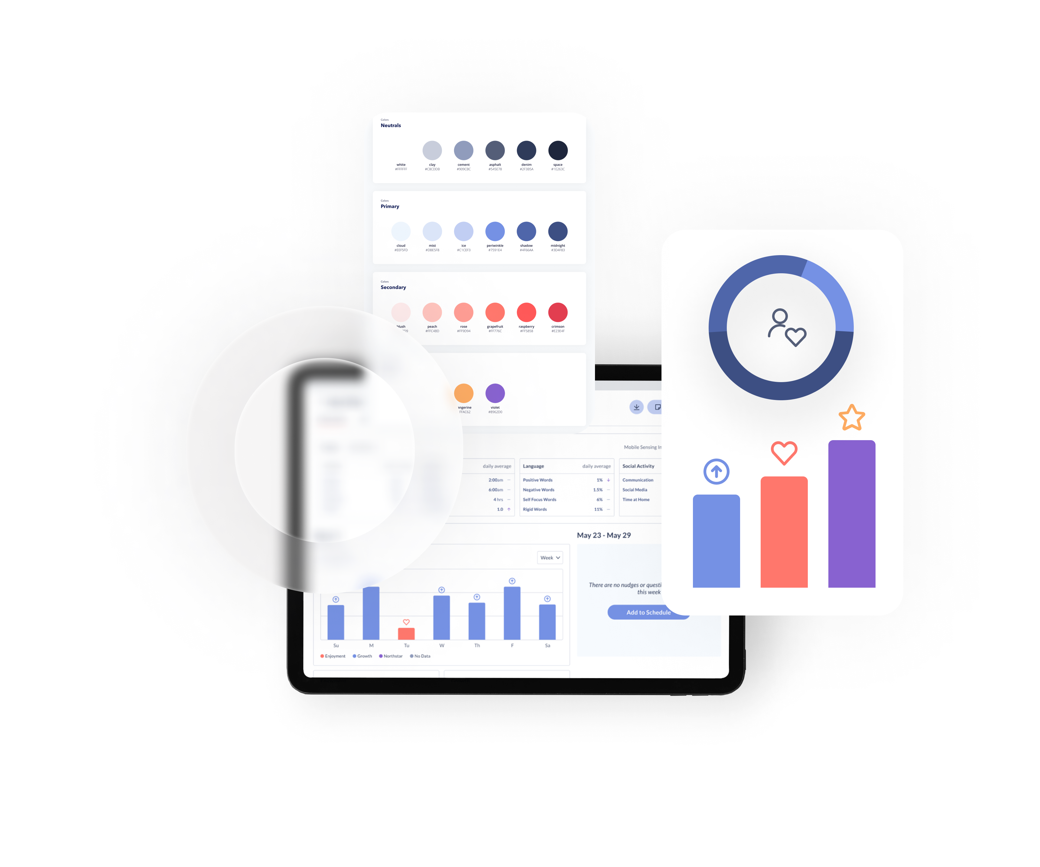 Collage of Ksana Vira app showing visual style guides and charts