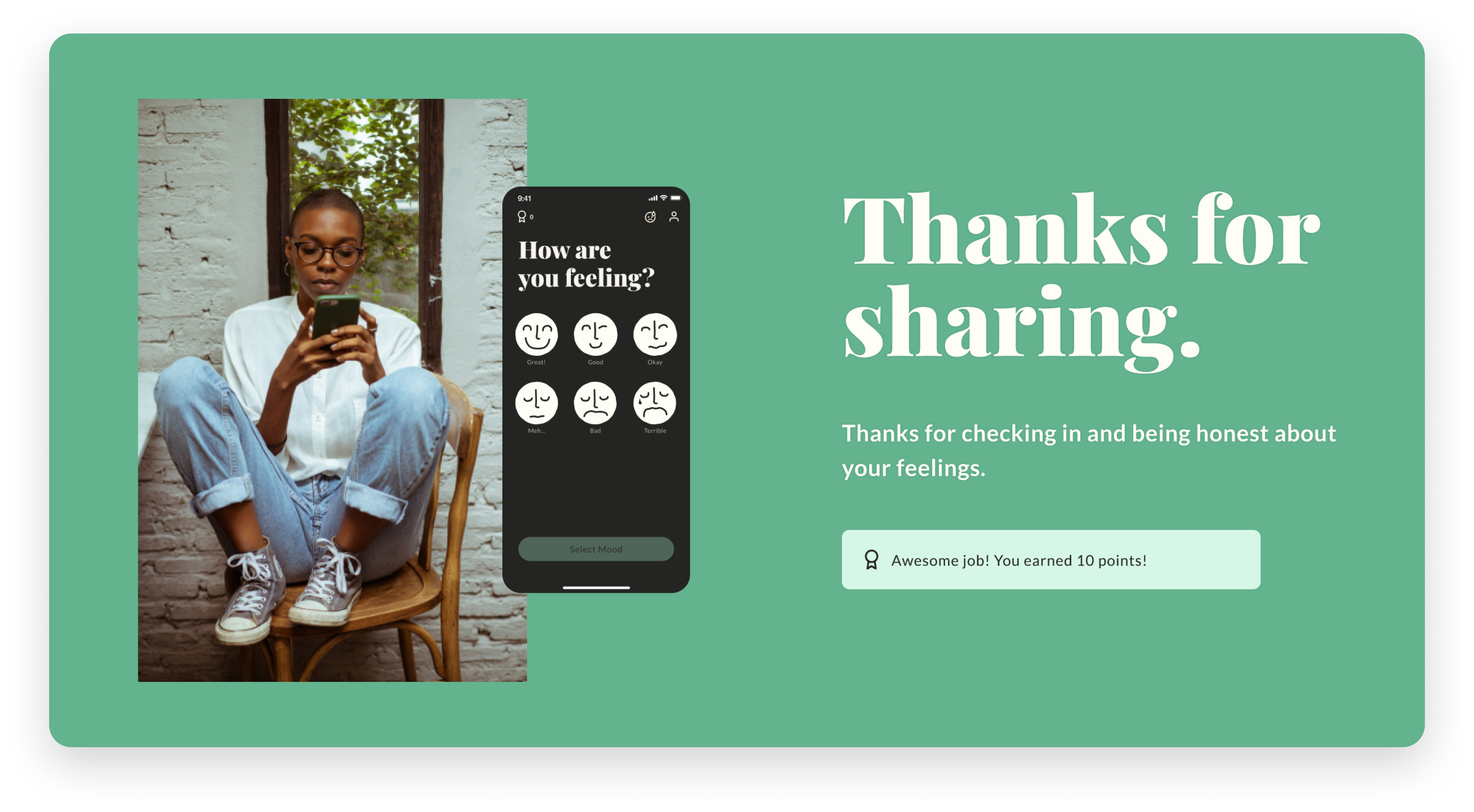 How are you feeling? screen from Qlarity mobile app next to photo of young woman using mobile phone.