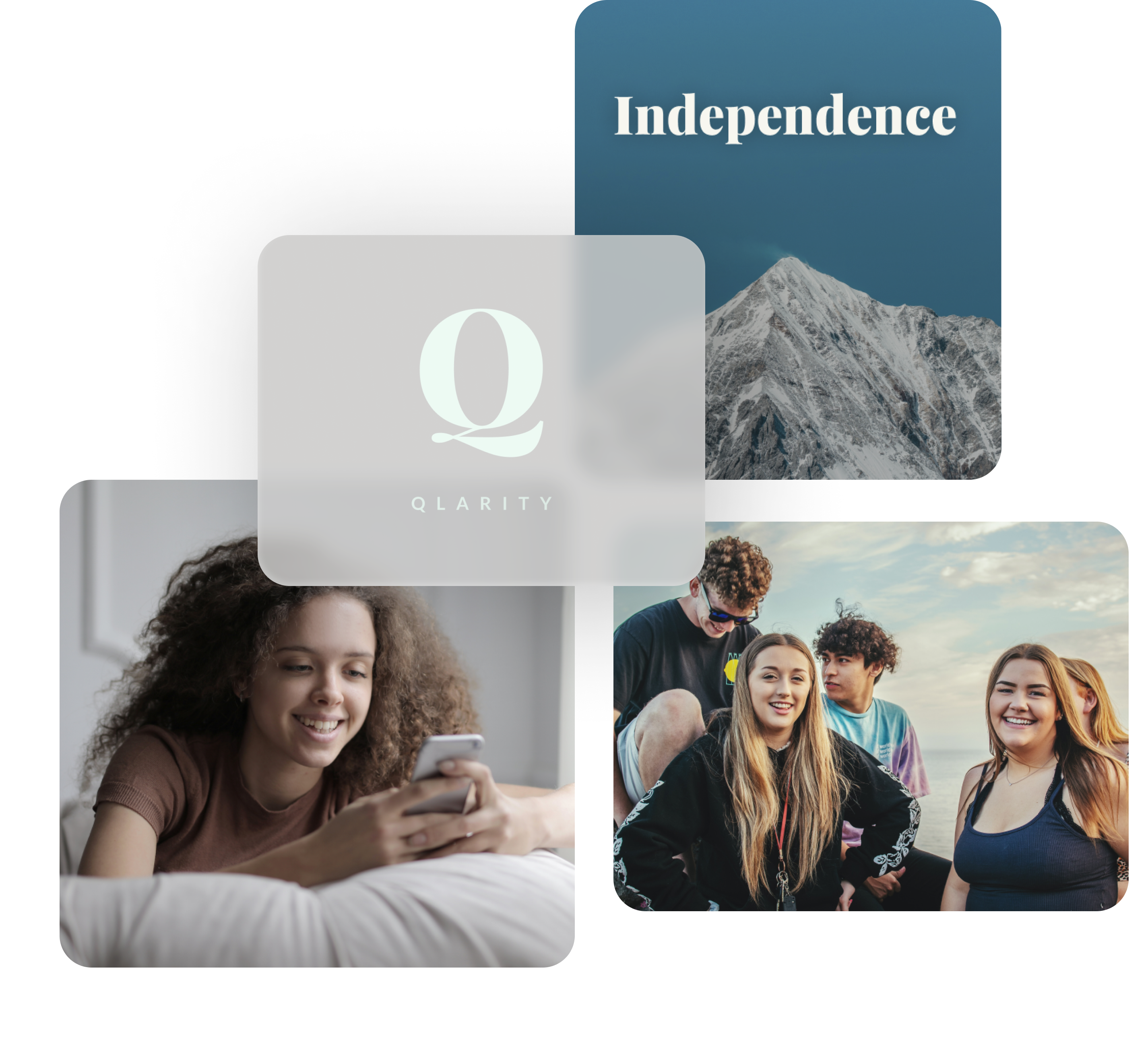 Collage of images of smiling teen looking at phone, smiling group of teens together outdoors, mountain peak, and Qlarity logo.