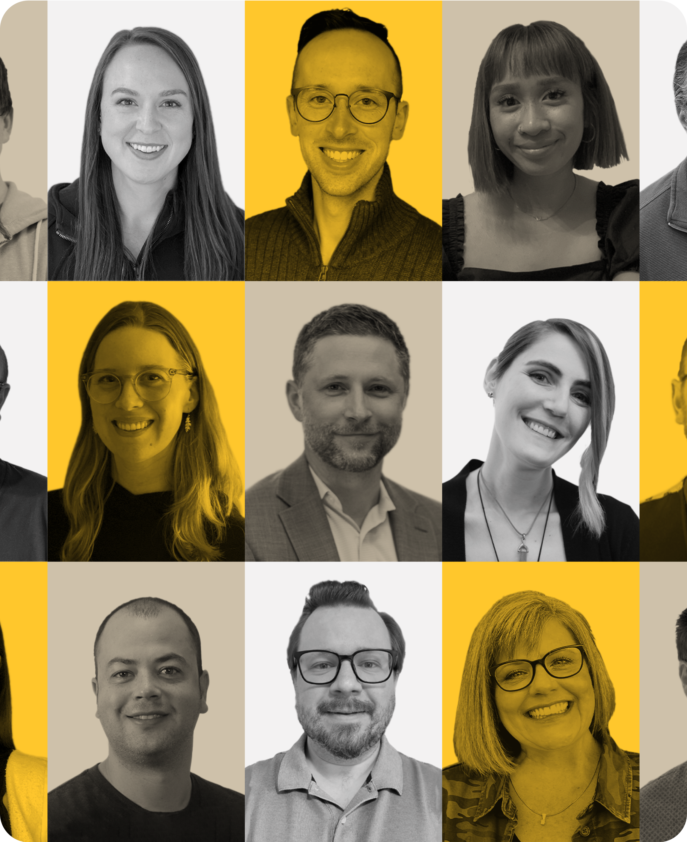 Photo collage of Twenty Ideas employees with gray, tan, and yellow filters applied in patchwork design.