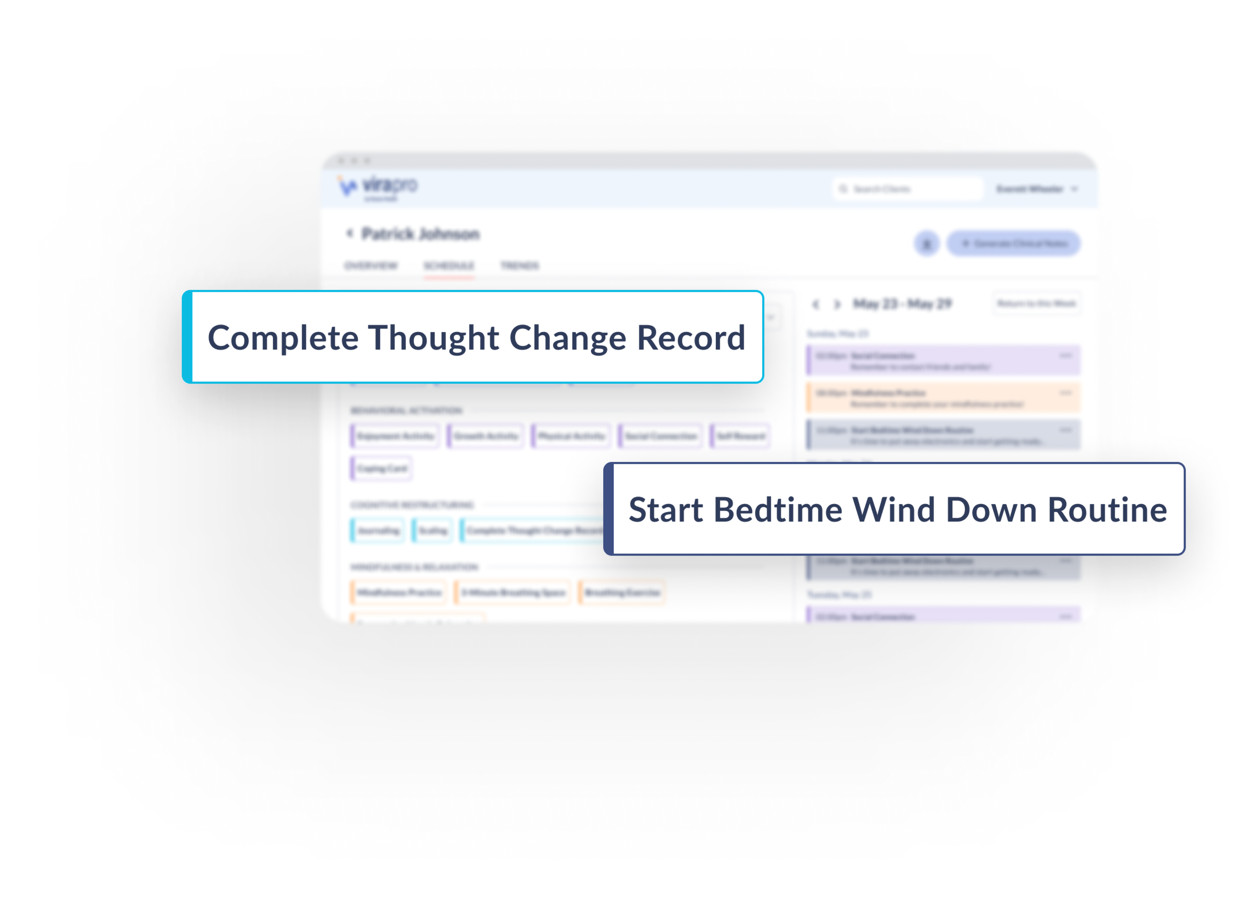 Tablet displaying patient behavior recommendations screen in vira pro app