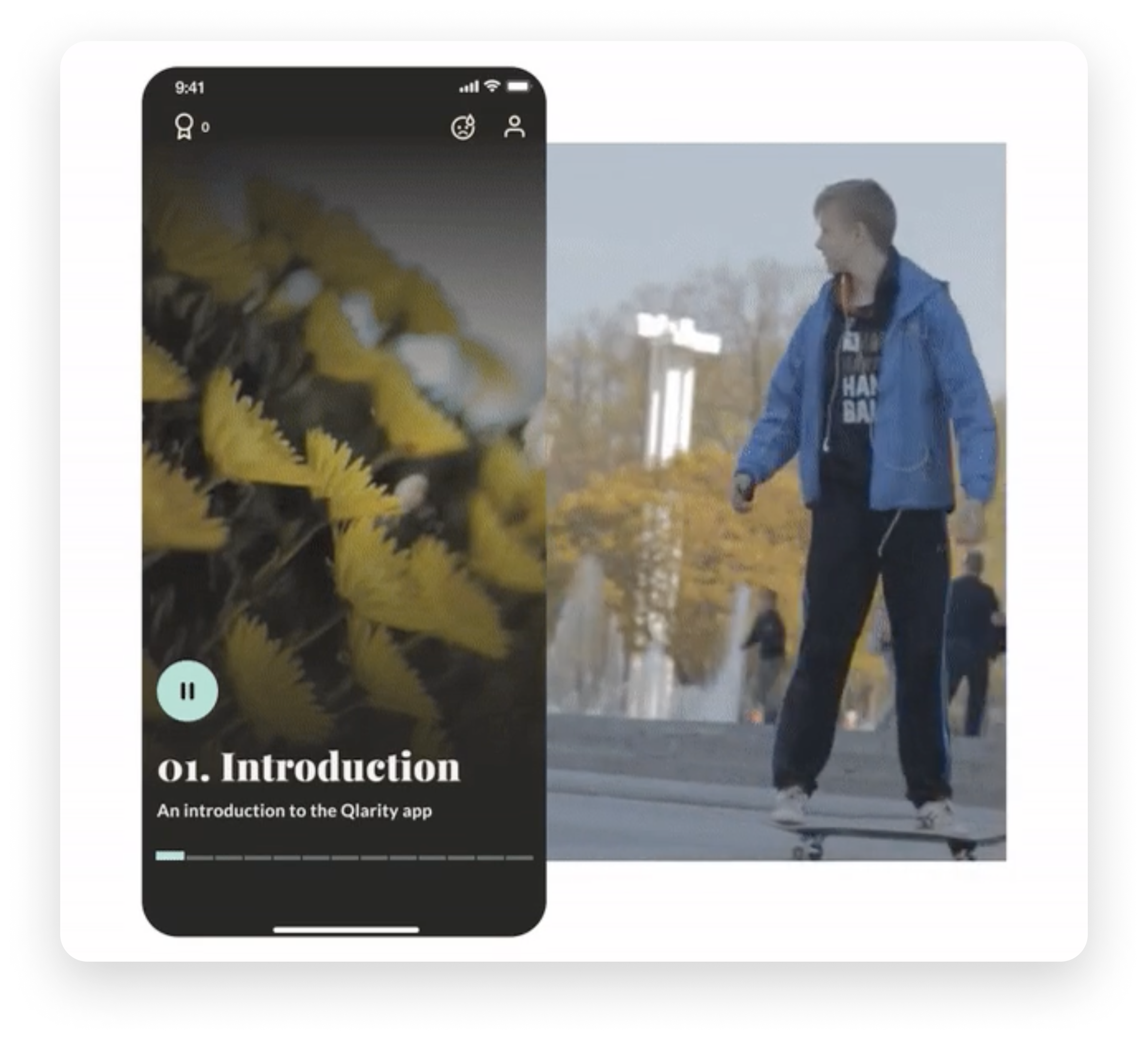 Introduction screen from the Qlarity meditation mobile app next to photo of a teen on a skateboard.