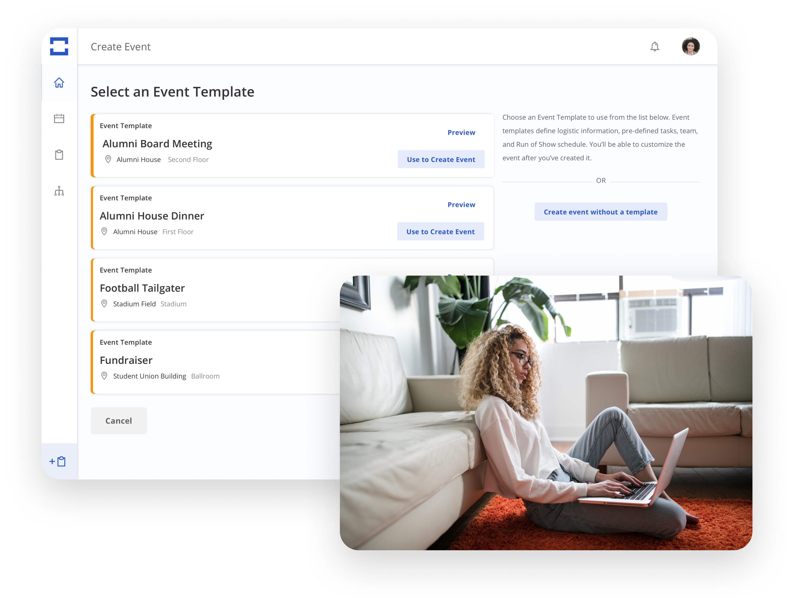 Event creation template screen from Intrevent event management platform next to image of woman sitting on floor of apartment looking at open laptop.