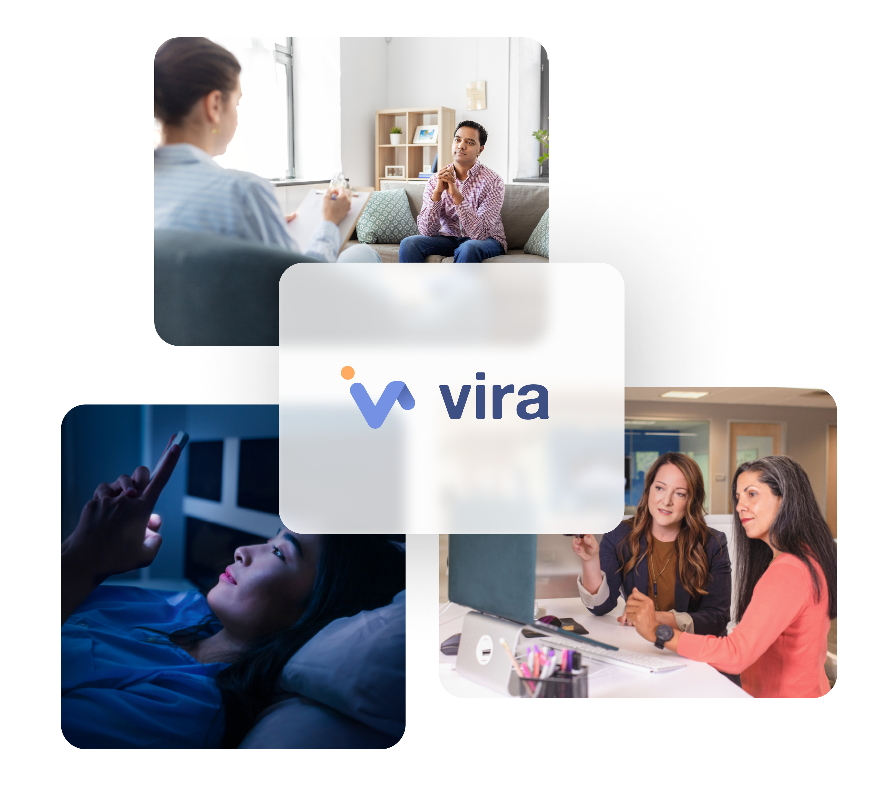 Ksana vira app image collage showing two people in a therapy session, two practitioners looking at results on a computer monitor, and a woman looking at her phone while lying in bed.