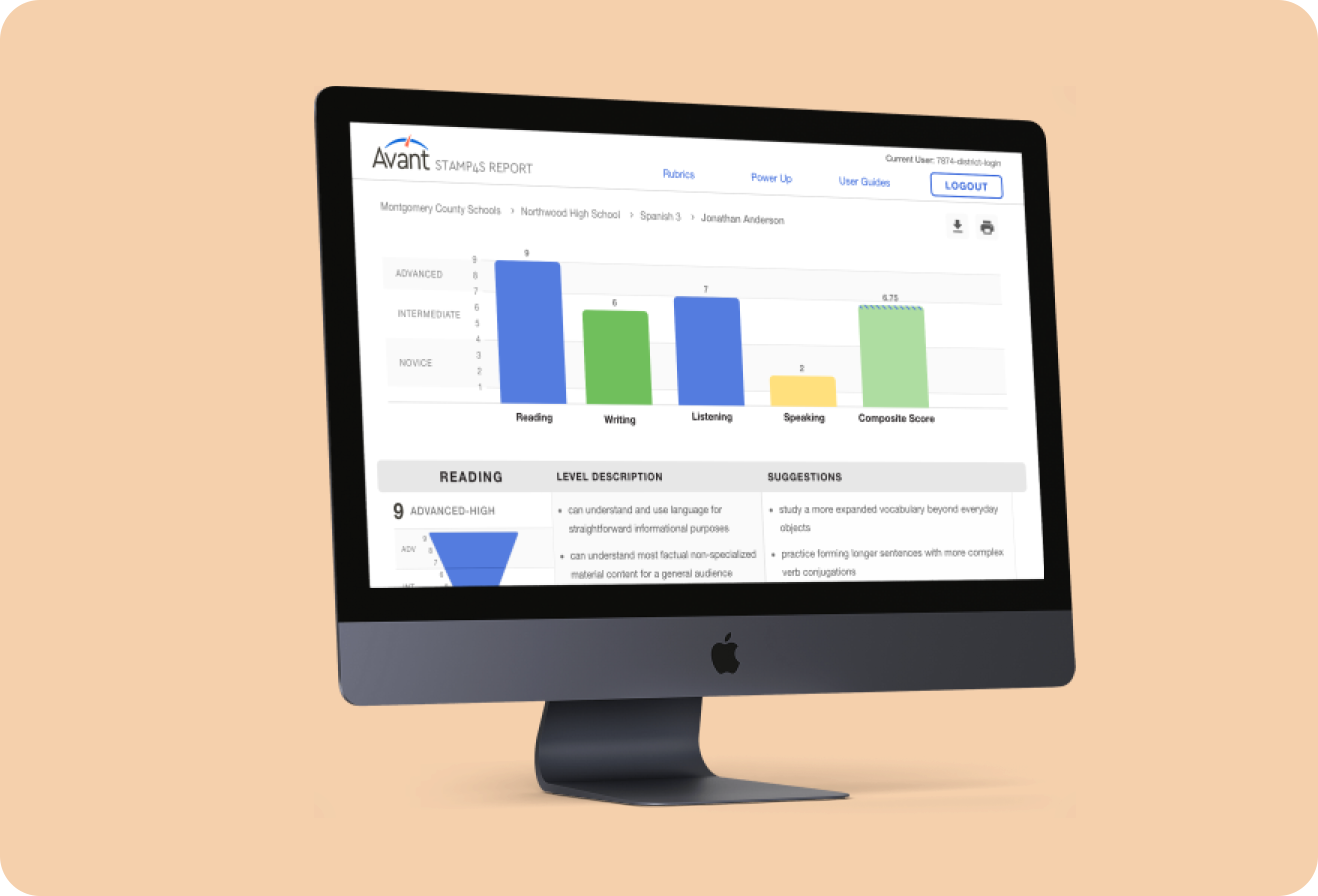 Gray and black computer monitor showing score screen from the Avant Assessment online language testing platform.