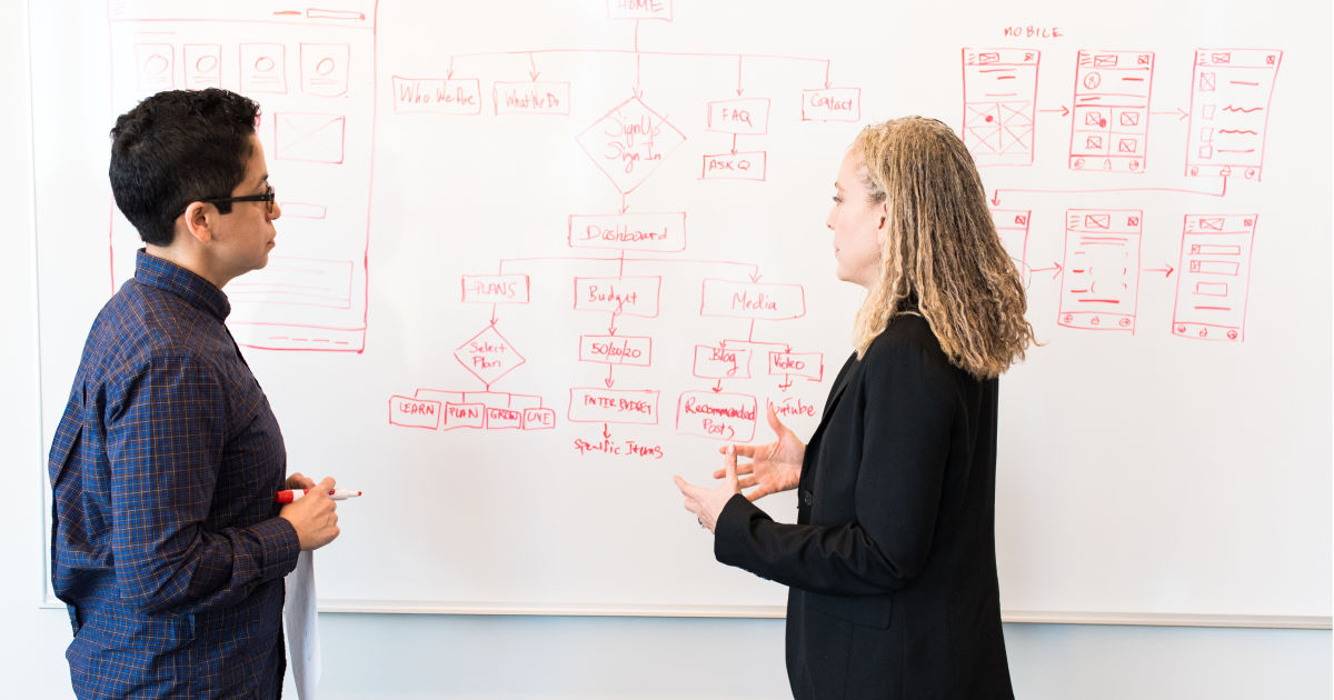 Two people in business-casual clothes standing in front of white dry-erase board covered in UI diagrams