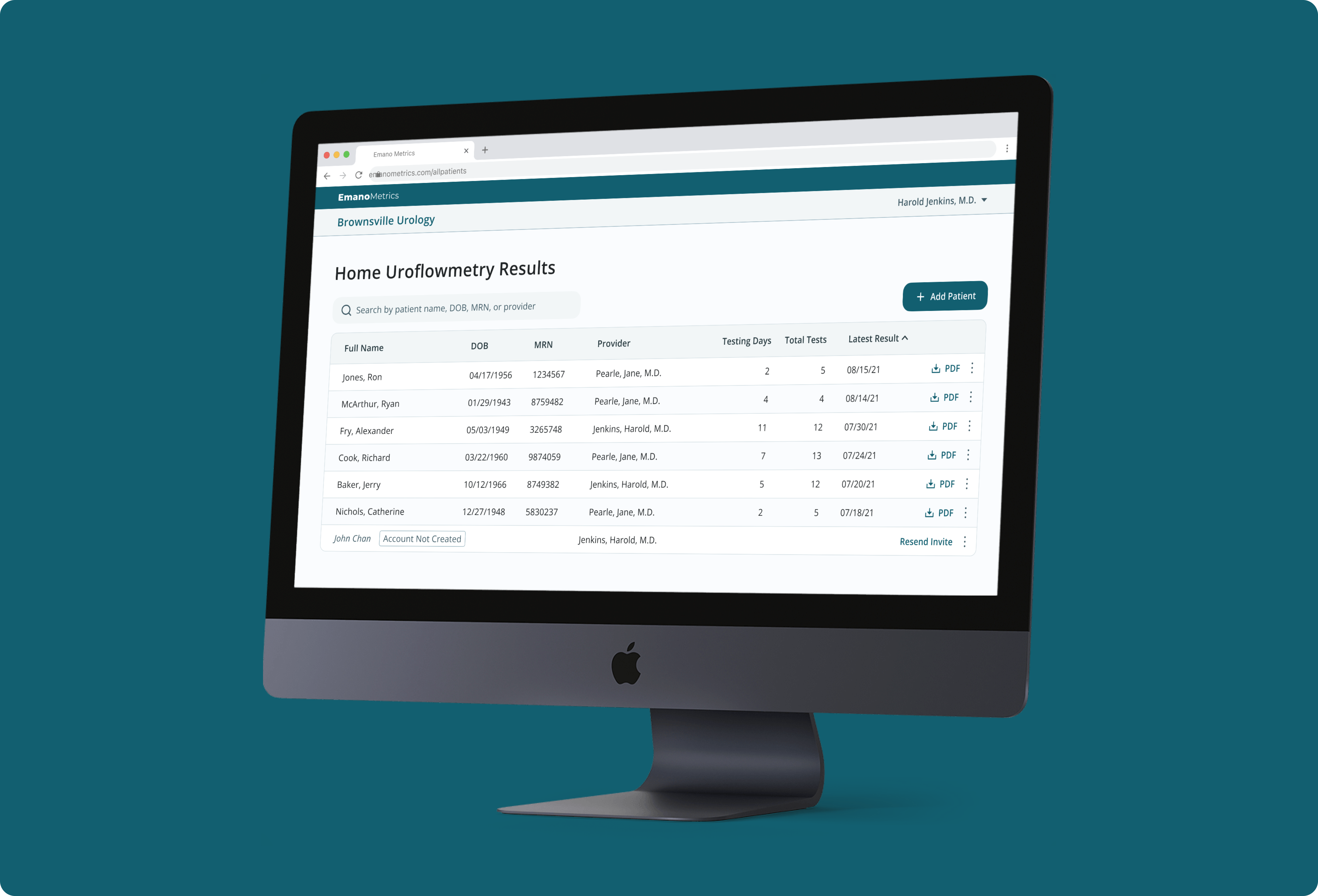 Home uroflowmetry results page of Emano Flow physician portal displayed on desktop monitor