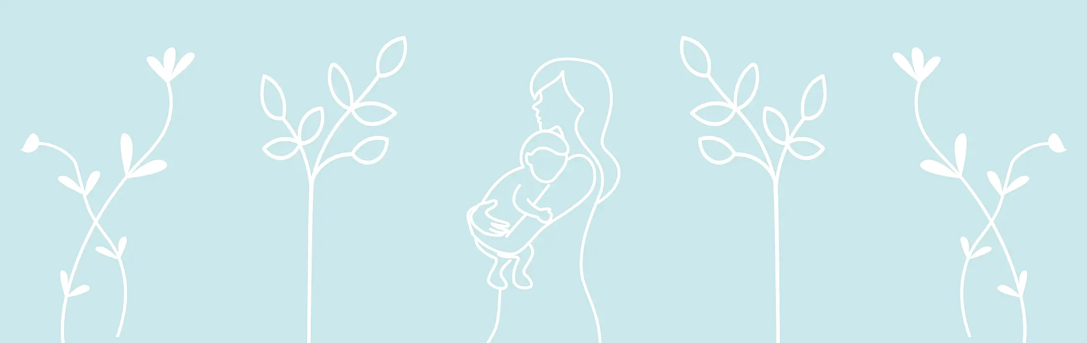 White plant and mother child illustrations on light blue background