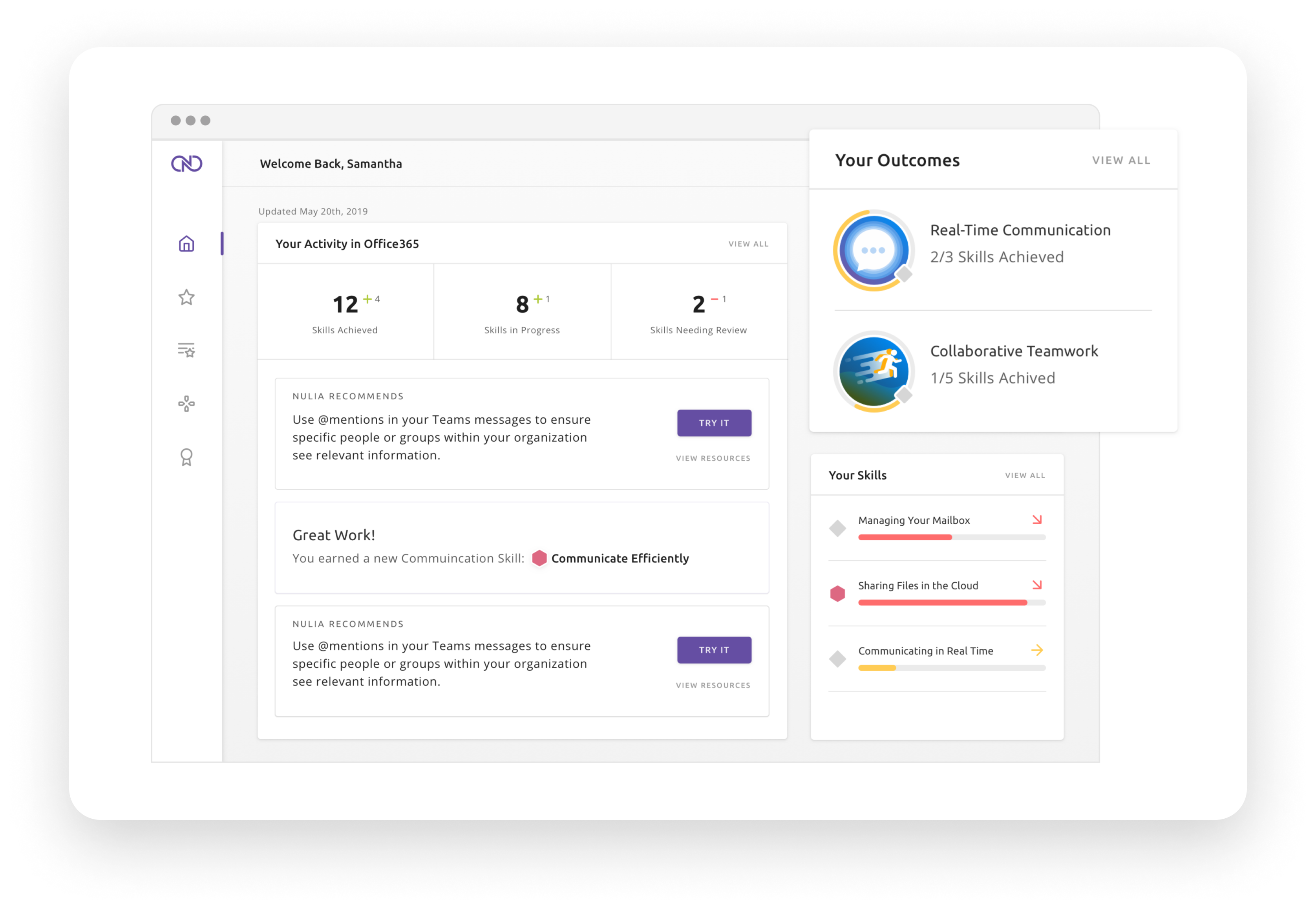 Outcomes screen from the Nulia Microsoft productivity enablement platform.