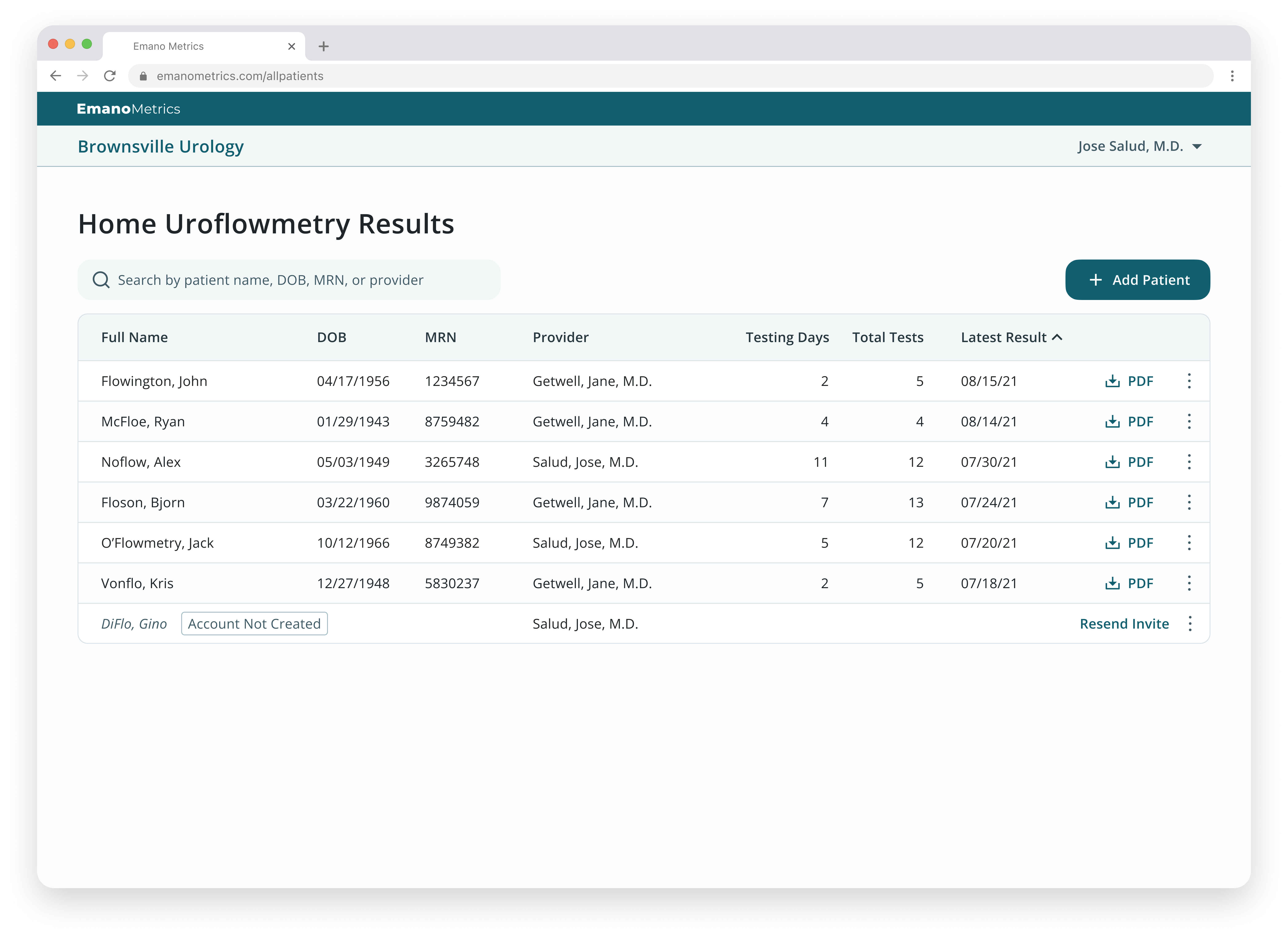 Home uroflowmetry results for urologist portal in Emano Flow.