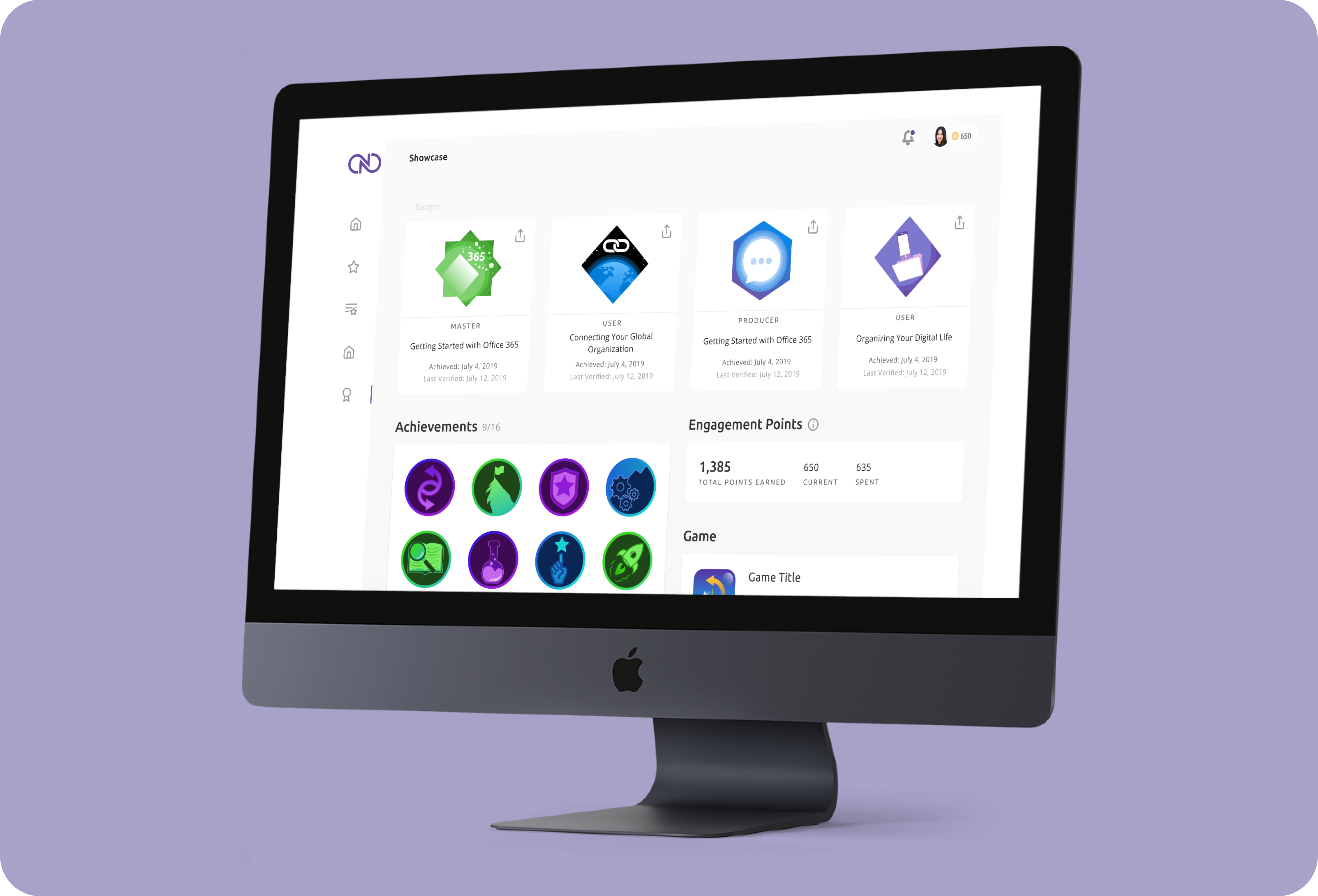 Apple monitor displaying badge and achievement screen from Nulia Microsoft Office Suite productivity enhancement app.