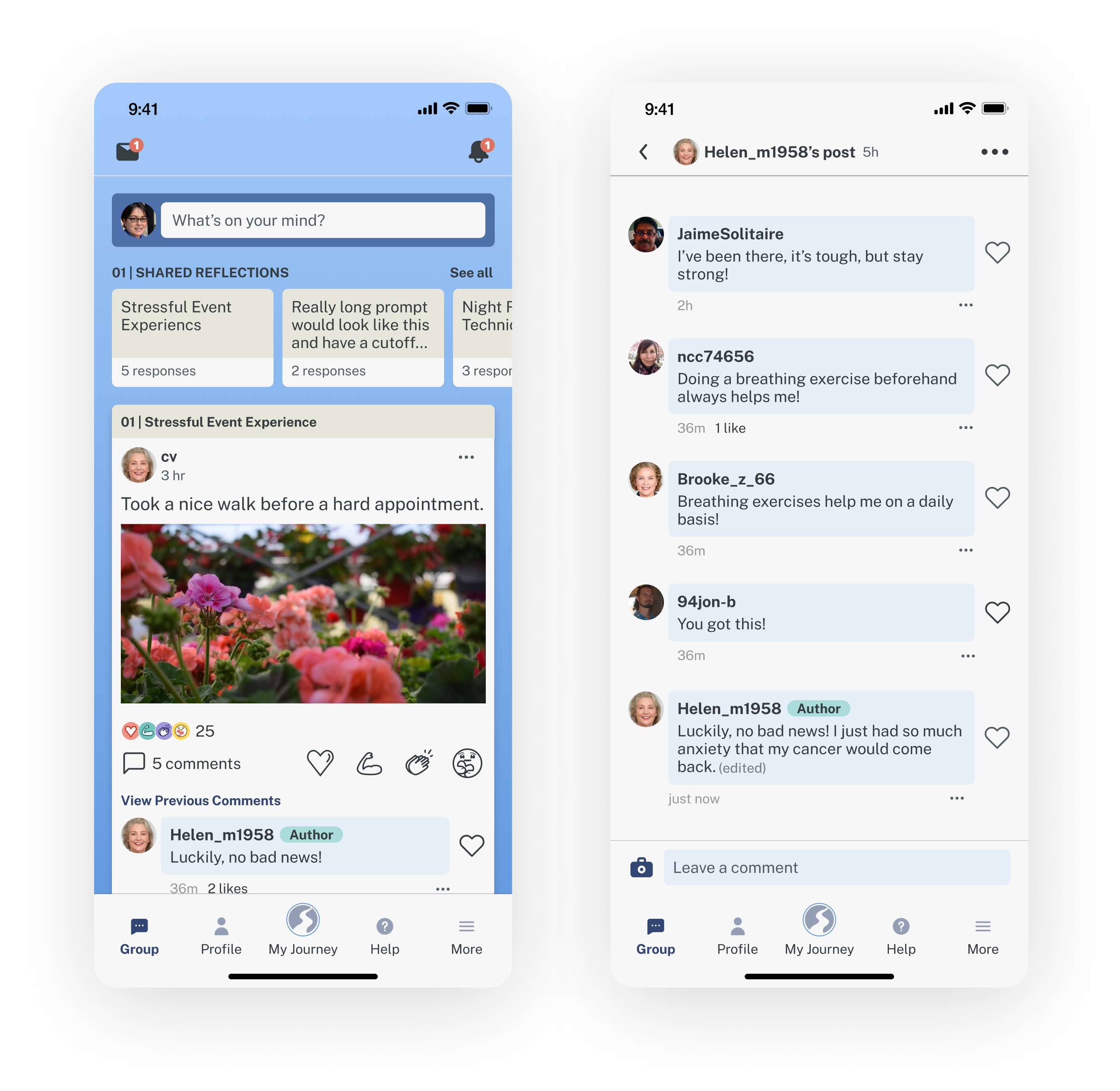 Mobile screens from the attune mobile app's group chat and private messaging feature.