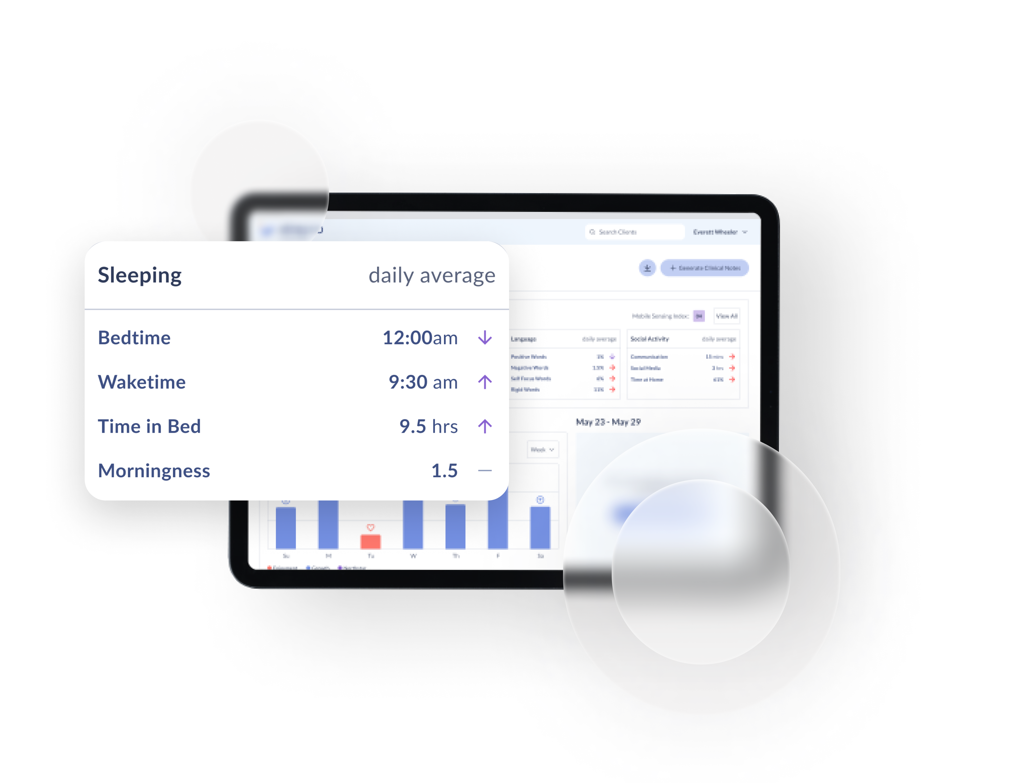 Tablet displaying patient monitoring screen from Vira Pro mental health monitoring app